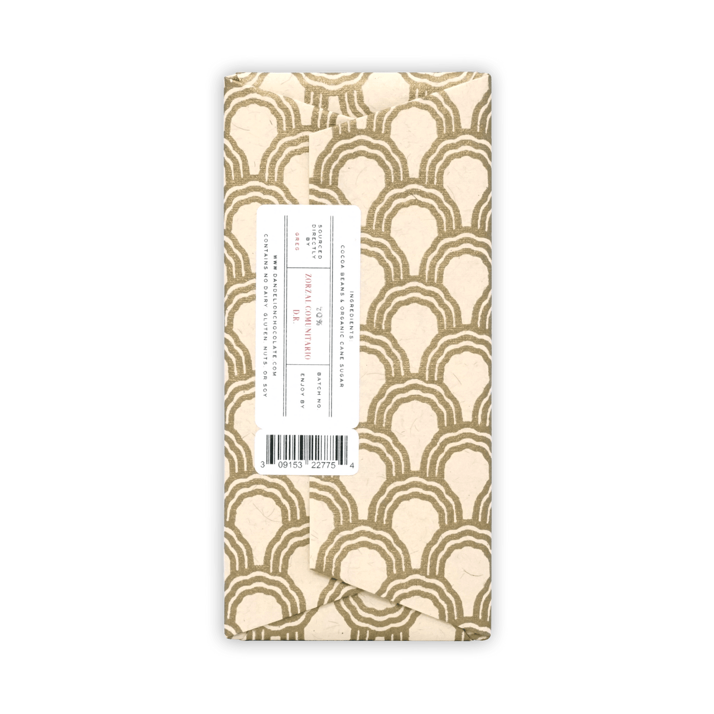 Dandelion Zorzal Comunitario DR 70% dark chocolate bar in gold wave paper