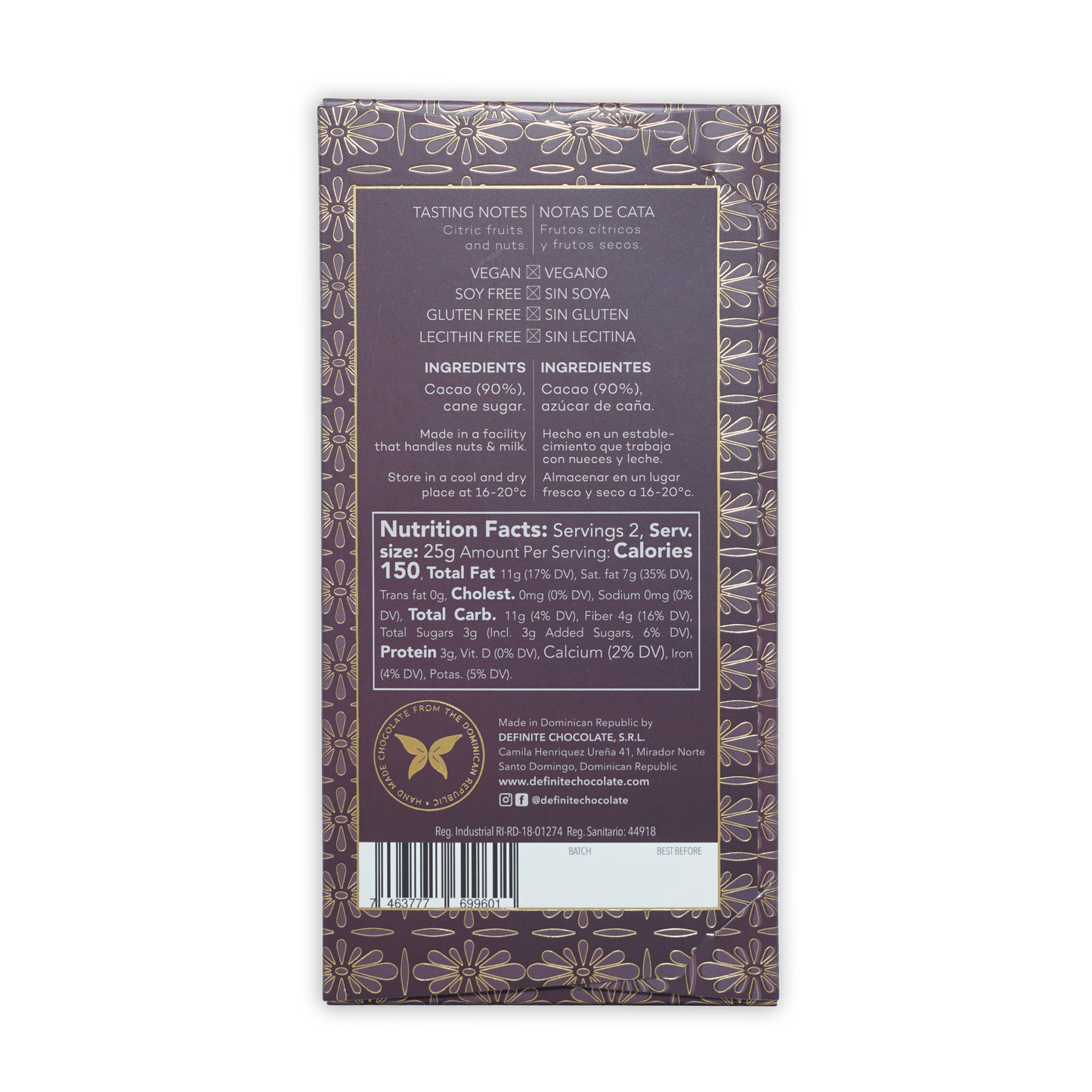 Back of Definite Bhonacao Dark 90% purple wrapper with gold floral pattern