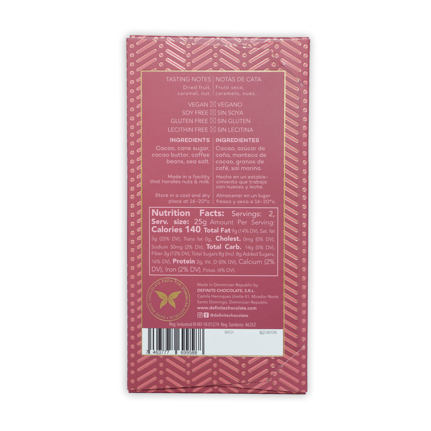 Back of Definite Dark Chocolate w/ Coffee & Sea Salt 65% pink wrapper