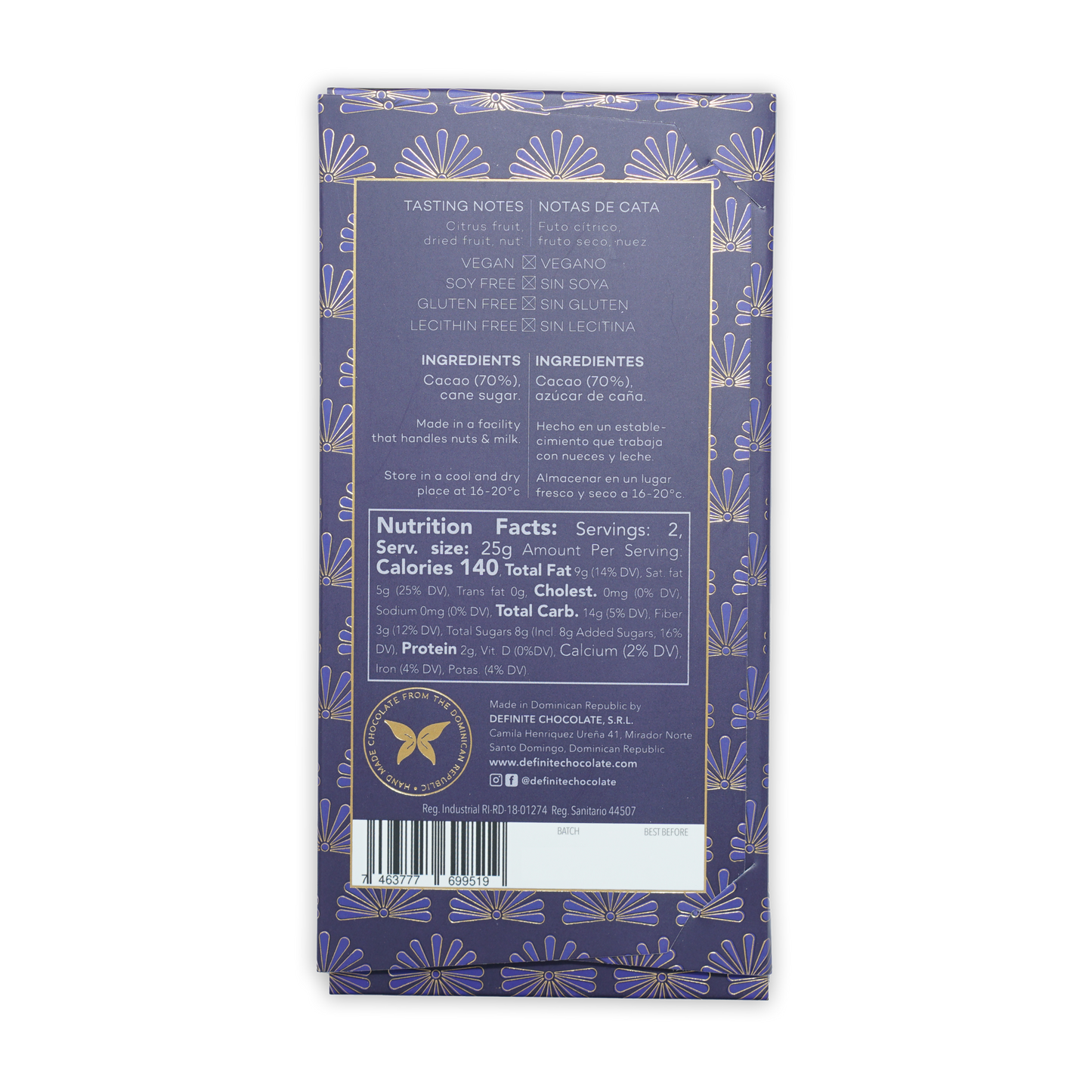Definite Oko Caribe Dark 70% purple wrapper with gold foil floral pattern