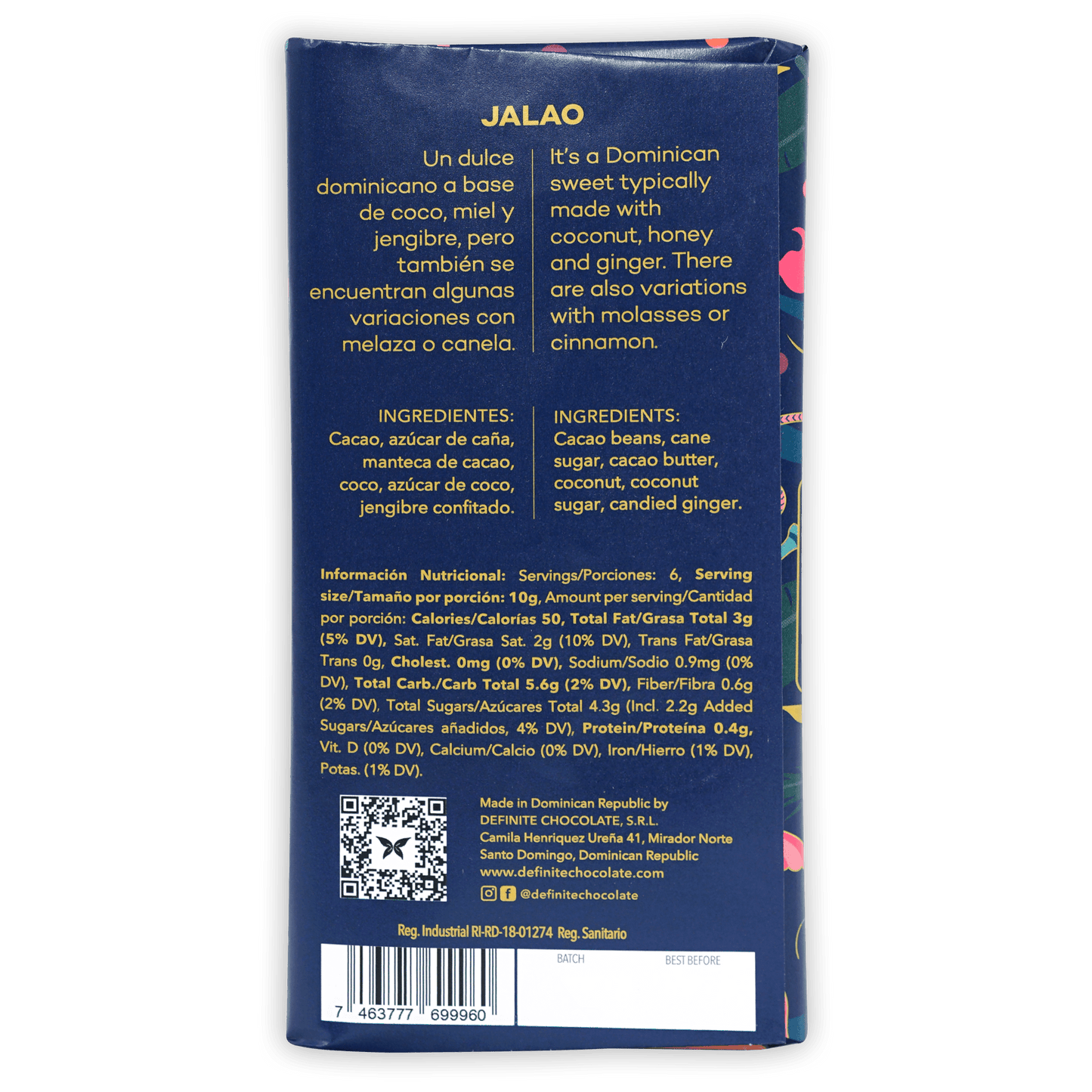 Back of dark blue Jalao Dominican chocolate bar with coconut and ginger, bilingual text and nutrition info