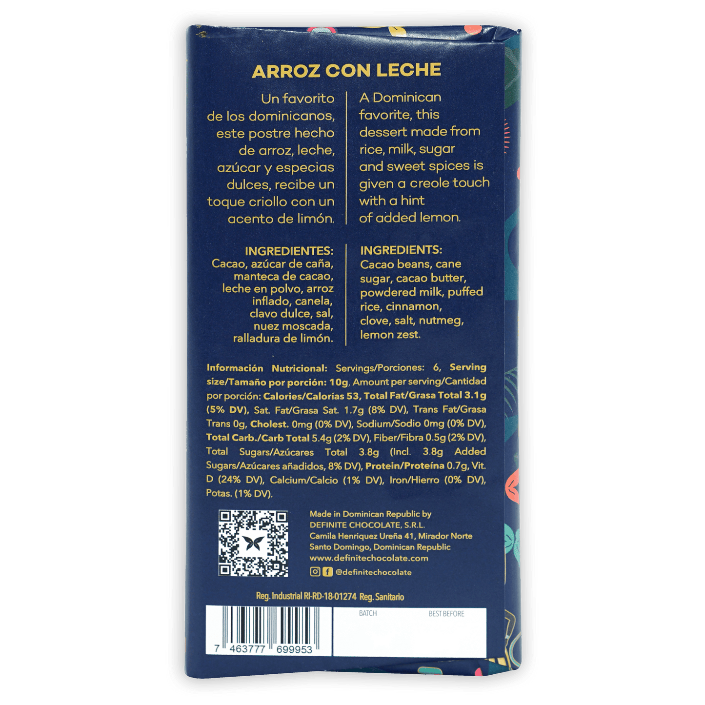 Definite Chocolate Arroz con Leche milk bar wrapper with gold text and floral edges