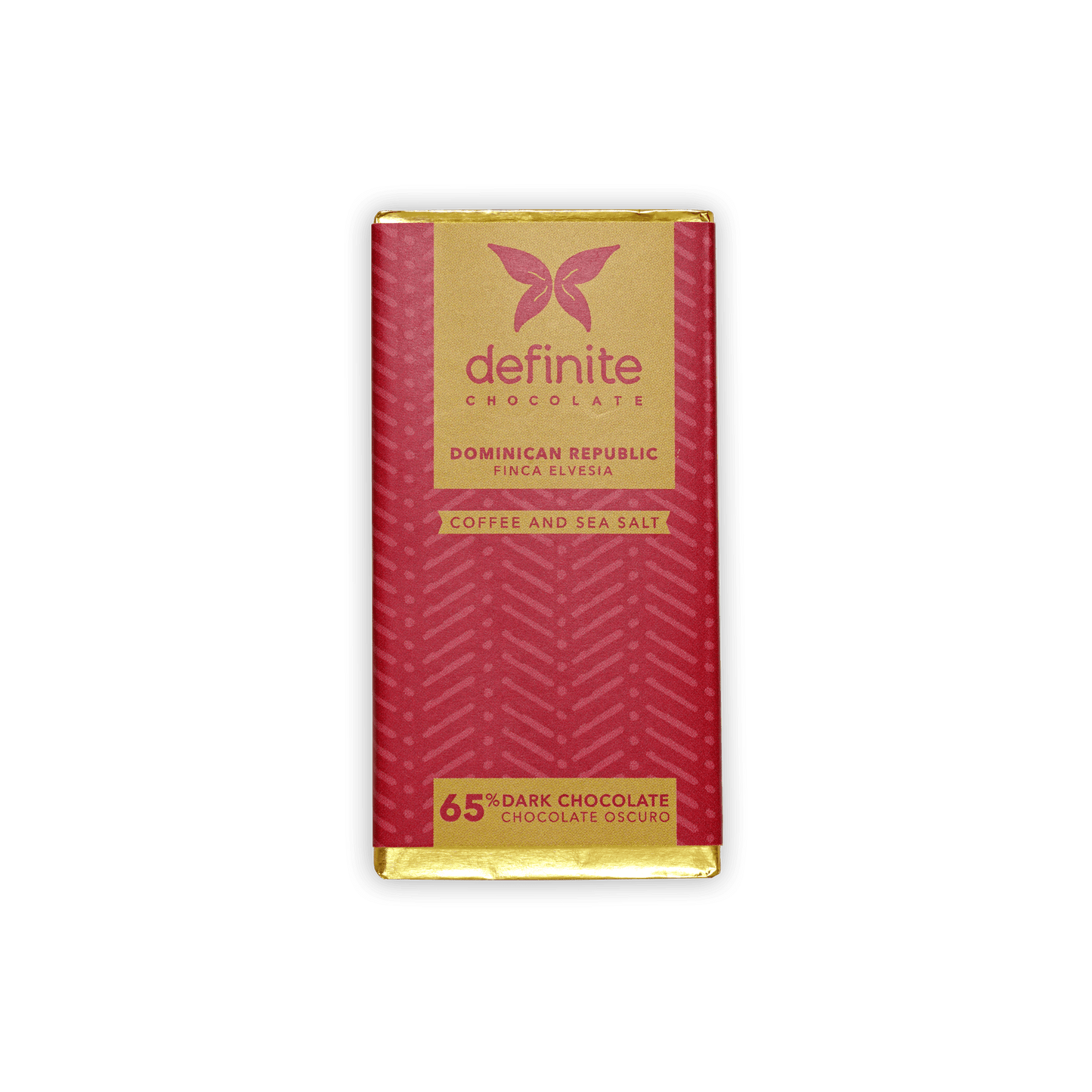 Definite Chocolate mini bar: 65% dark with coffee, sea salt, red-gold wrap, butterfly logo