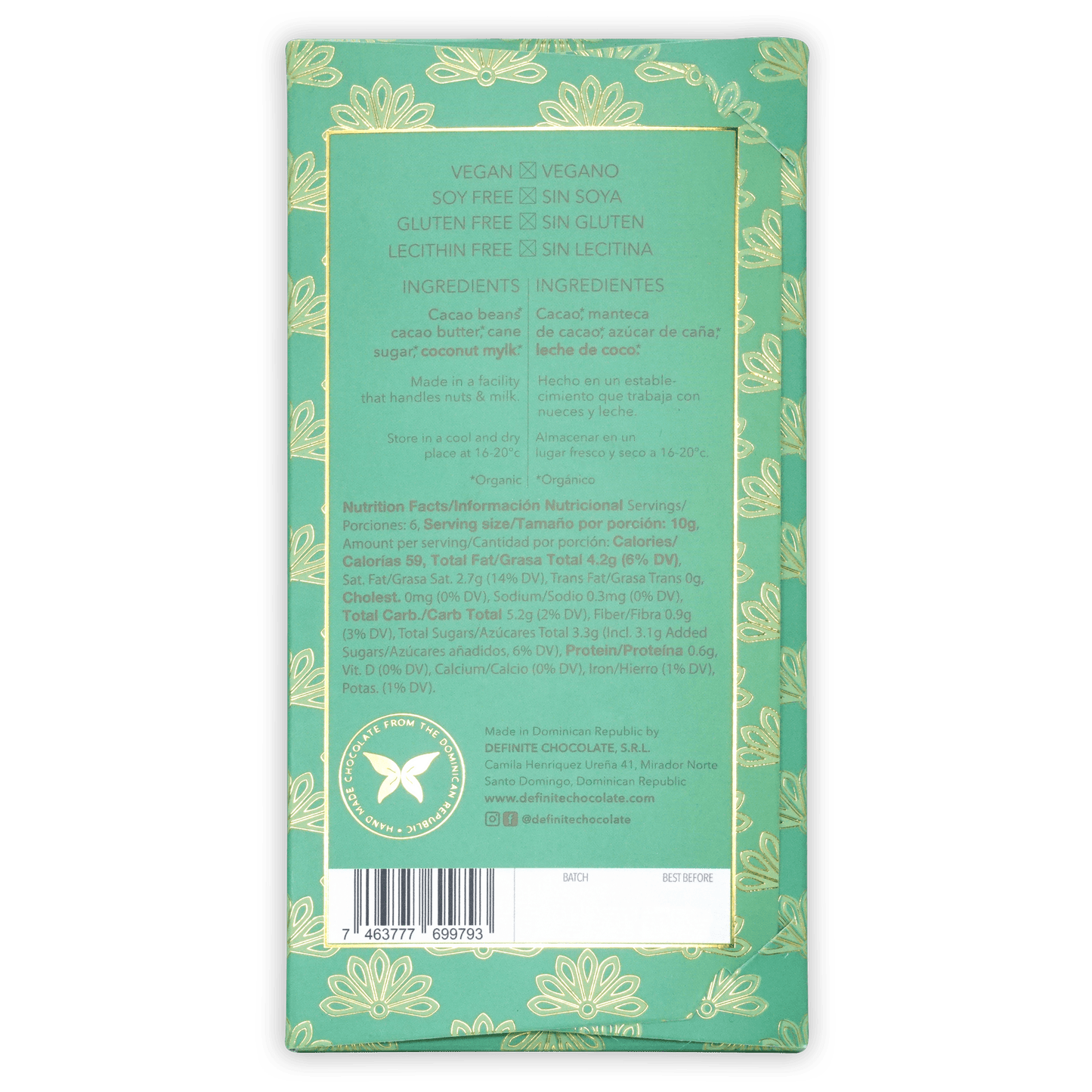 Teal and gold foil-wrapped Definite Coconut Milk 60% vegan chocolate bar