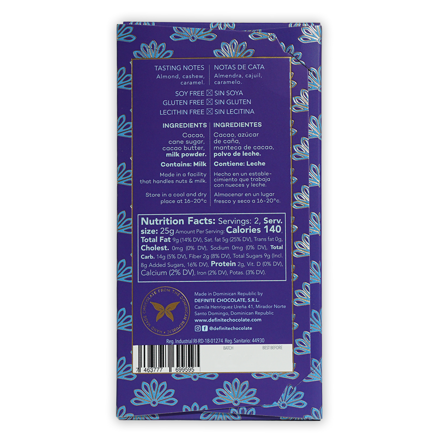 Definite Dark Milk Chocolate 55% bar with purple wrapper, blue florals, gold accents