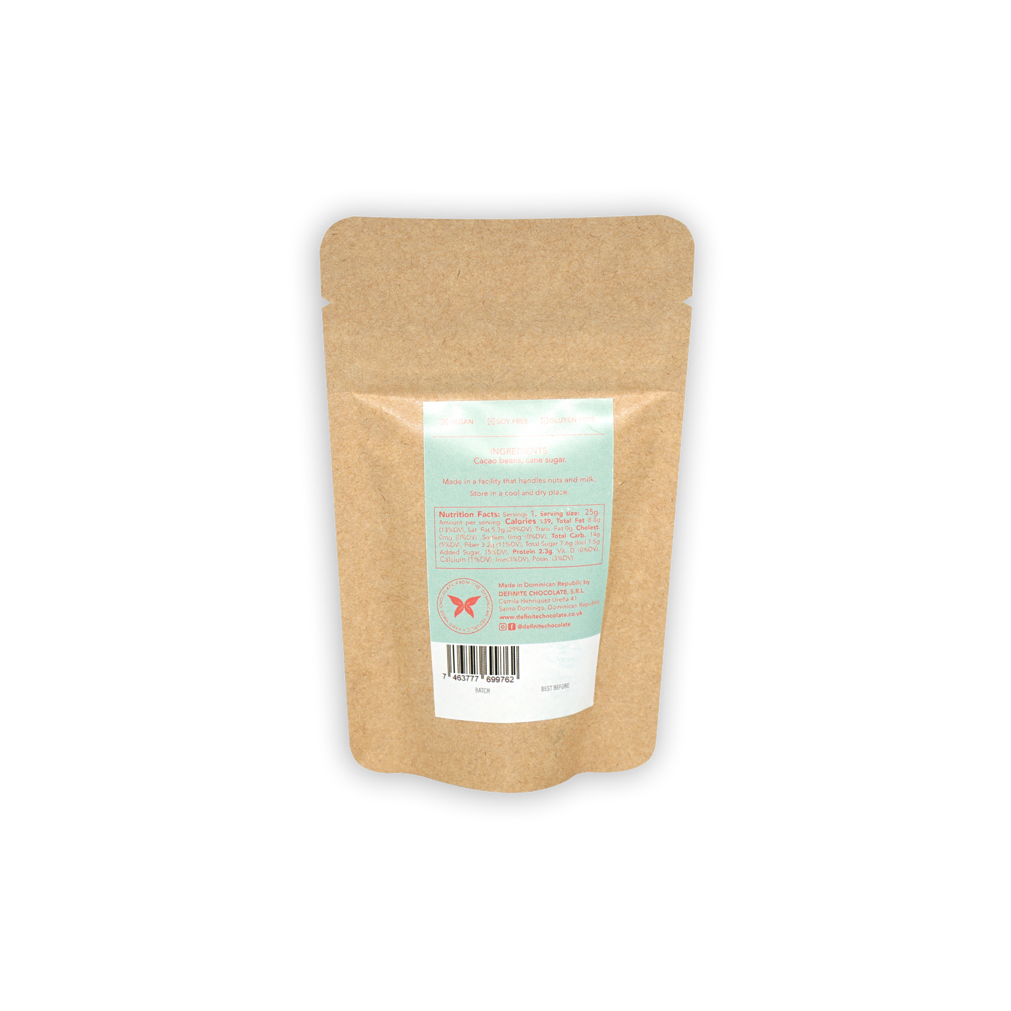 Back of Definite Drinking Chocolate Dark 70% kraft pouch with teal label