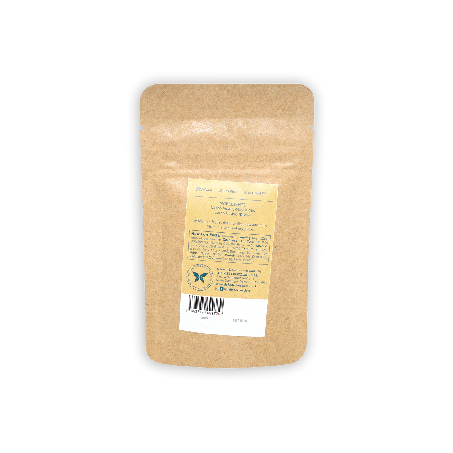 Brown kraft pouch of Definite Drinking Chocolate w/ Dominican Spices 60% with yellow label and barcode