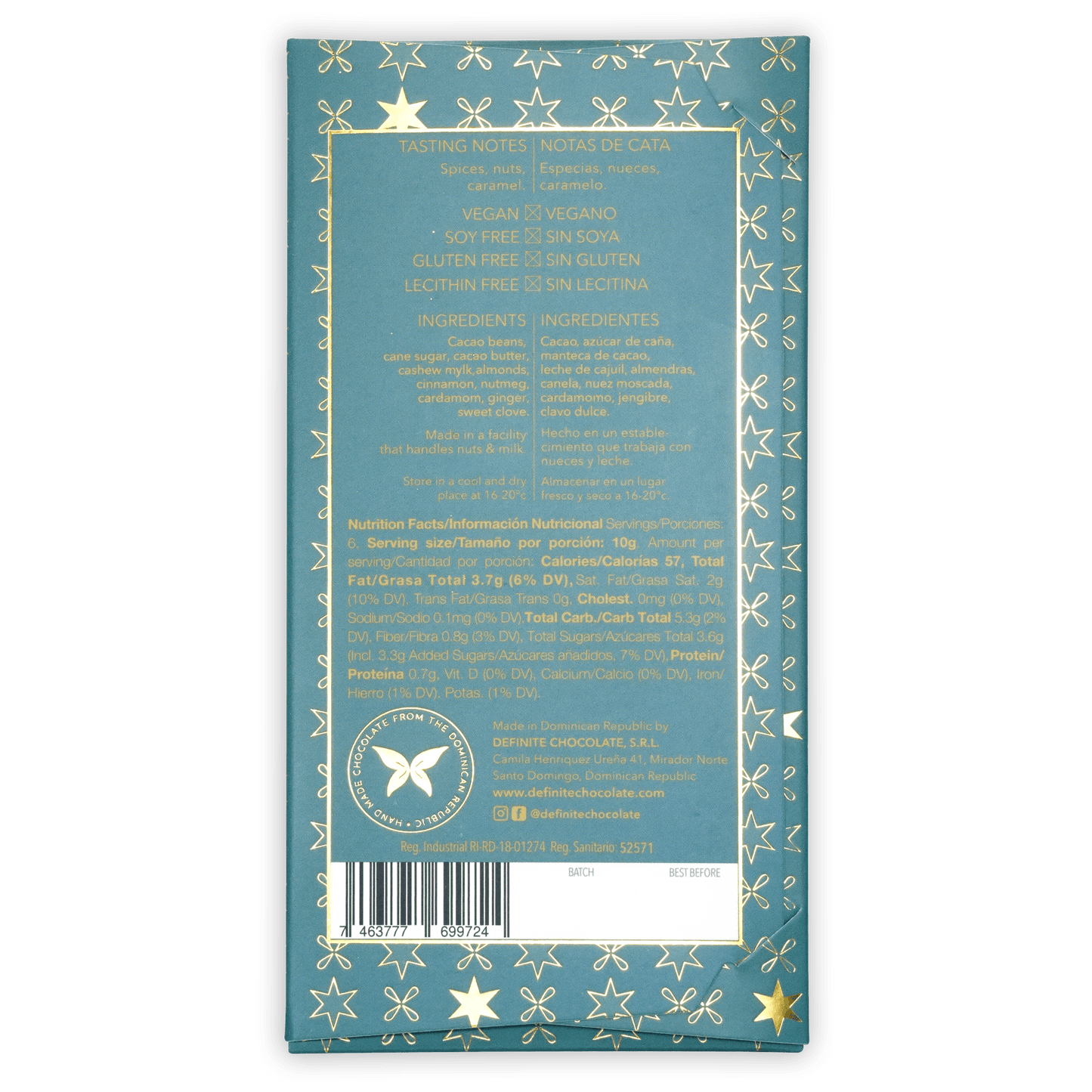 Teal gold star patterned Definite cashew milk chocolate bar wrapper
