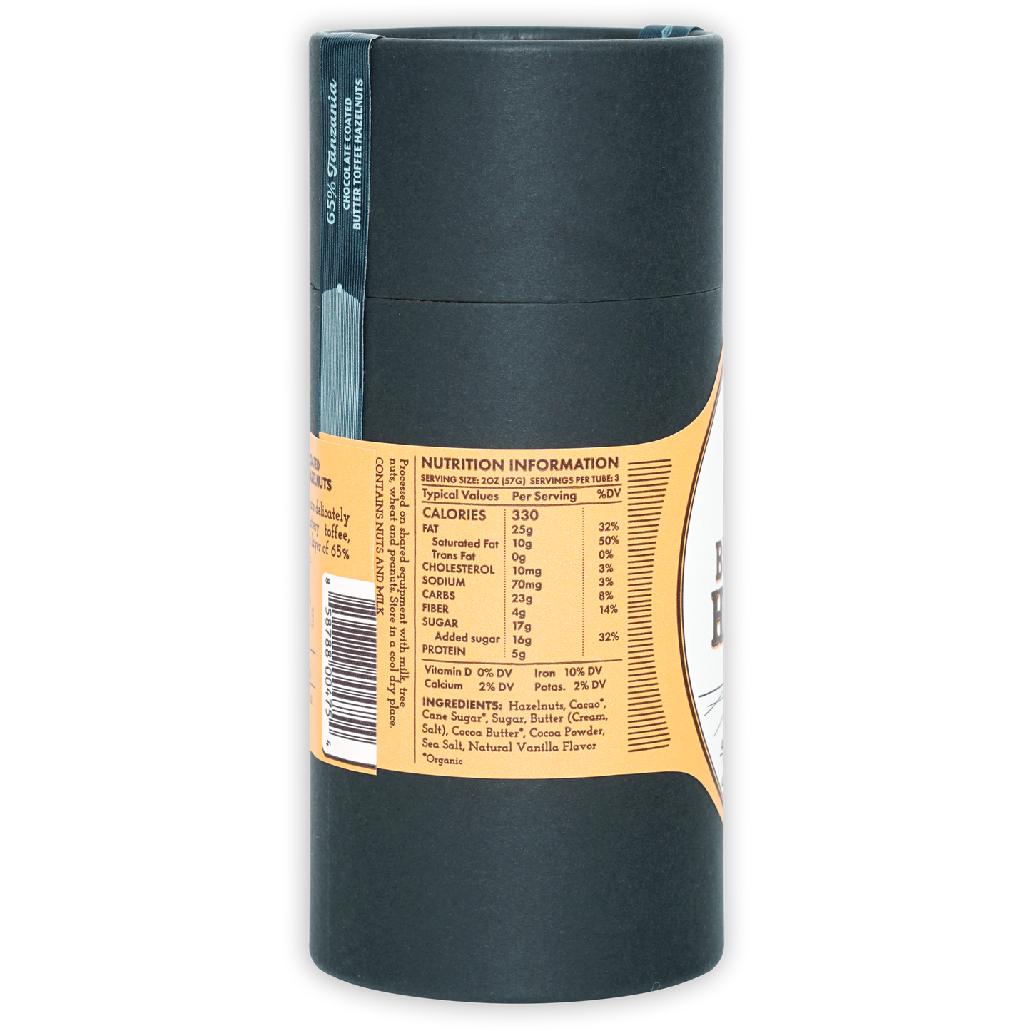Dick Taylor back label of chocolate coated hazelnut butter tube