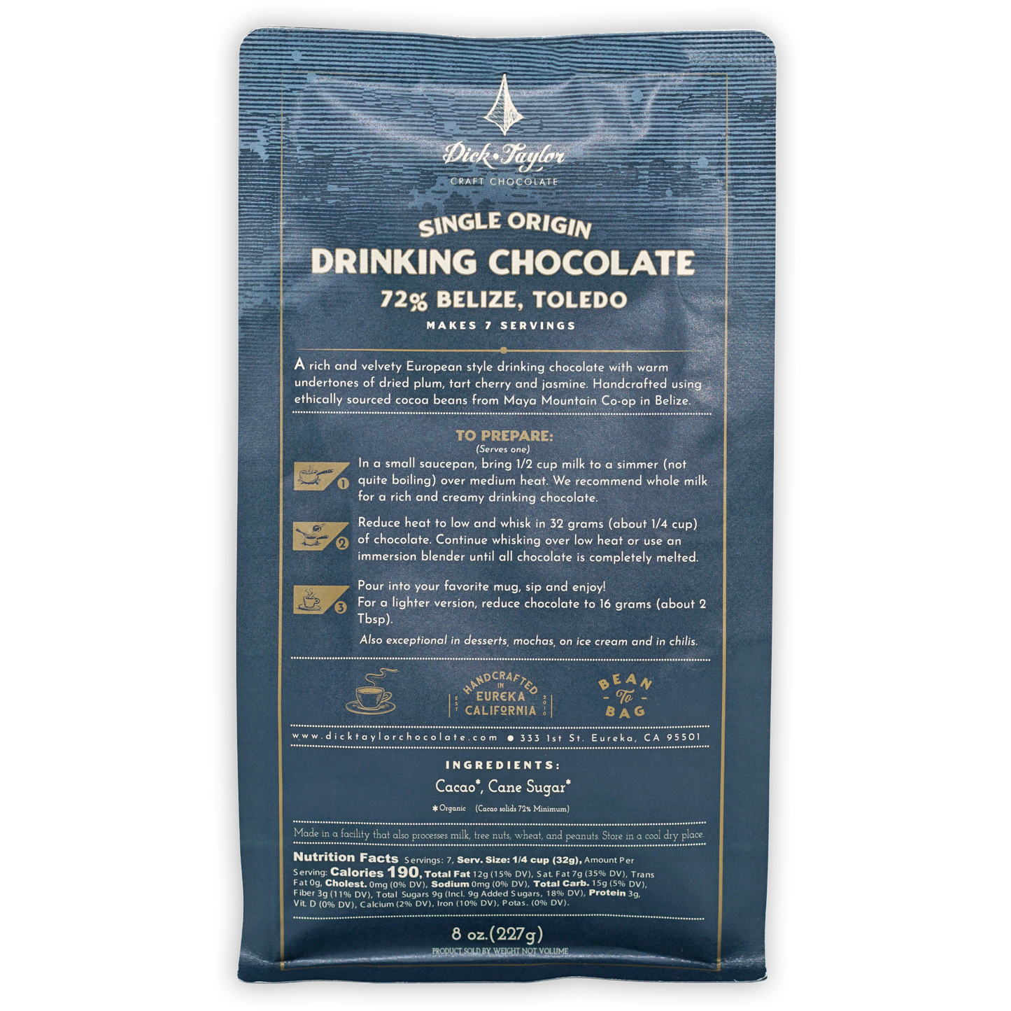 Blue textured Dick Taylor 72% Belize drinking chocolate packaging