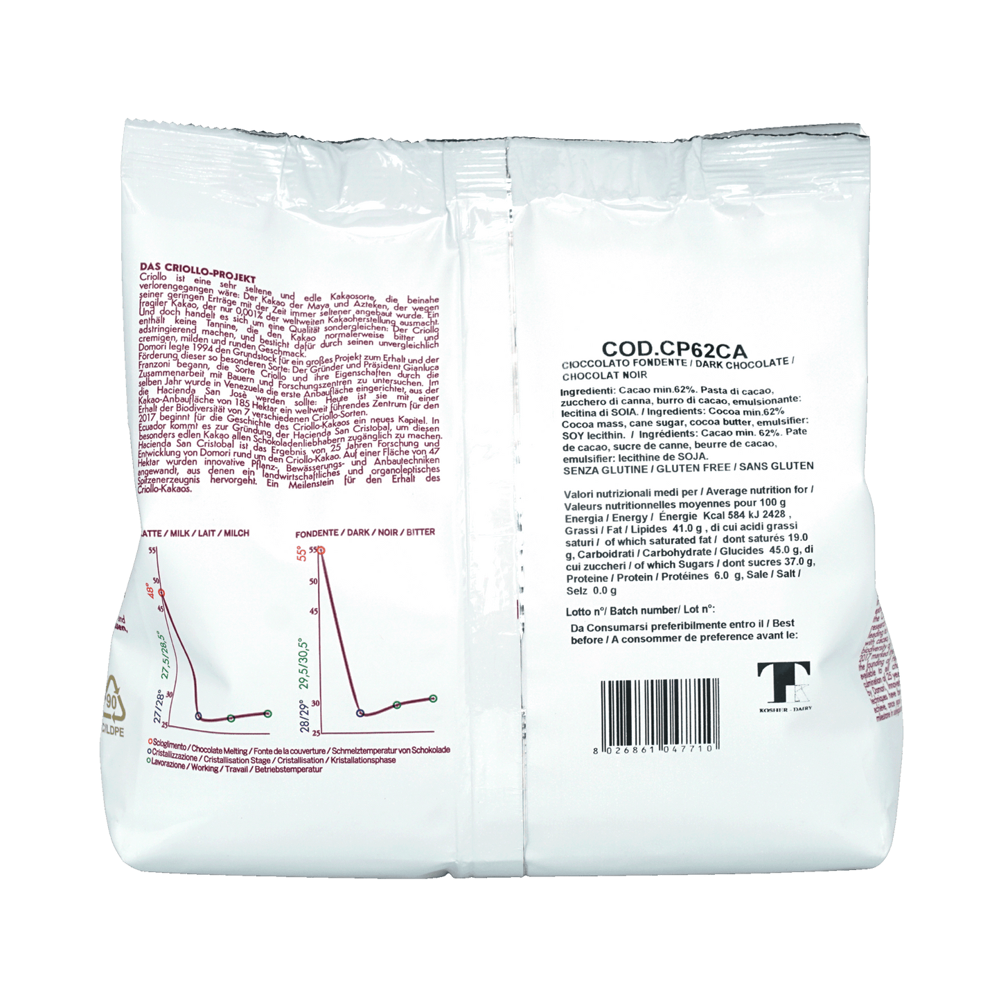 Back of Domori Bulk Dark Canoabo Chocolate Drops 62% 1kg white paper packaging with black text and nutritional info