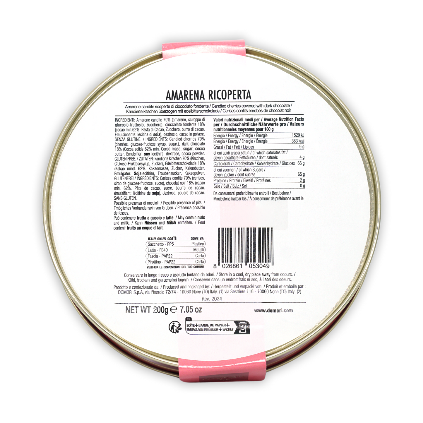 Domori amarena cherries in silver tin with pink band, chocolate-coated ricotta