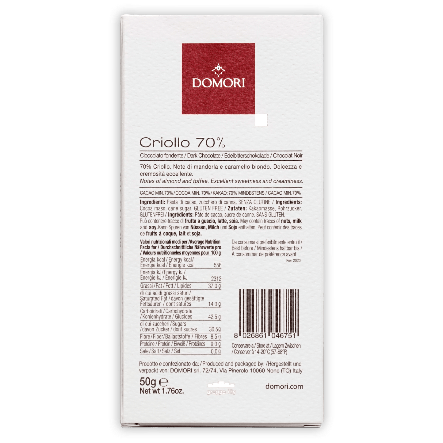 Domori Criollo 70% dark chocolate white box with red logo