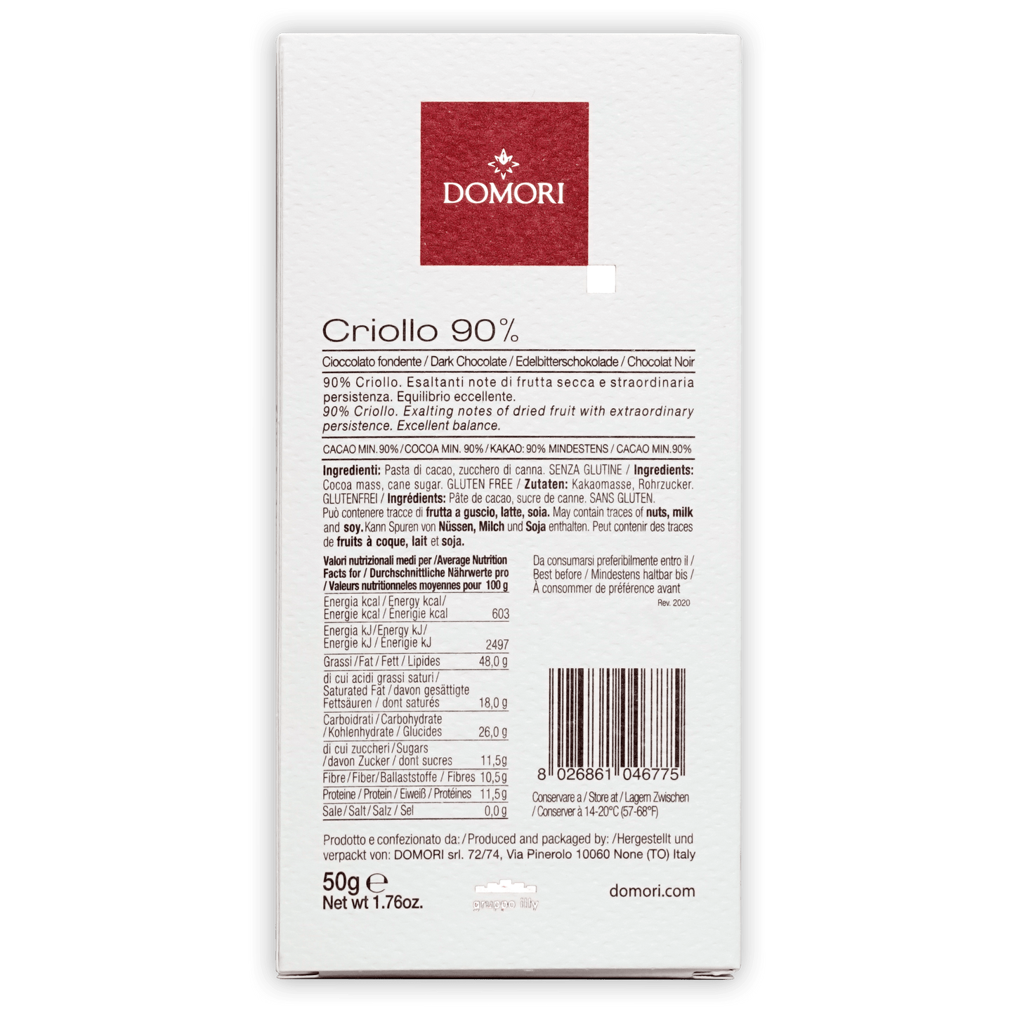 Domori Criollo 90% dark chocolate white rectangular package