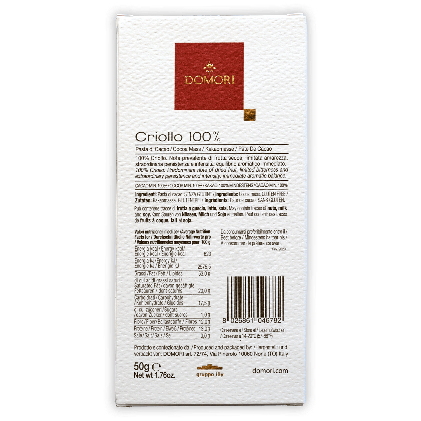 Domori Criollo 100% white rectangular chocolate package with red logo