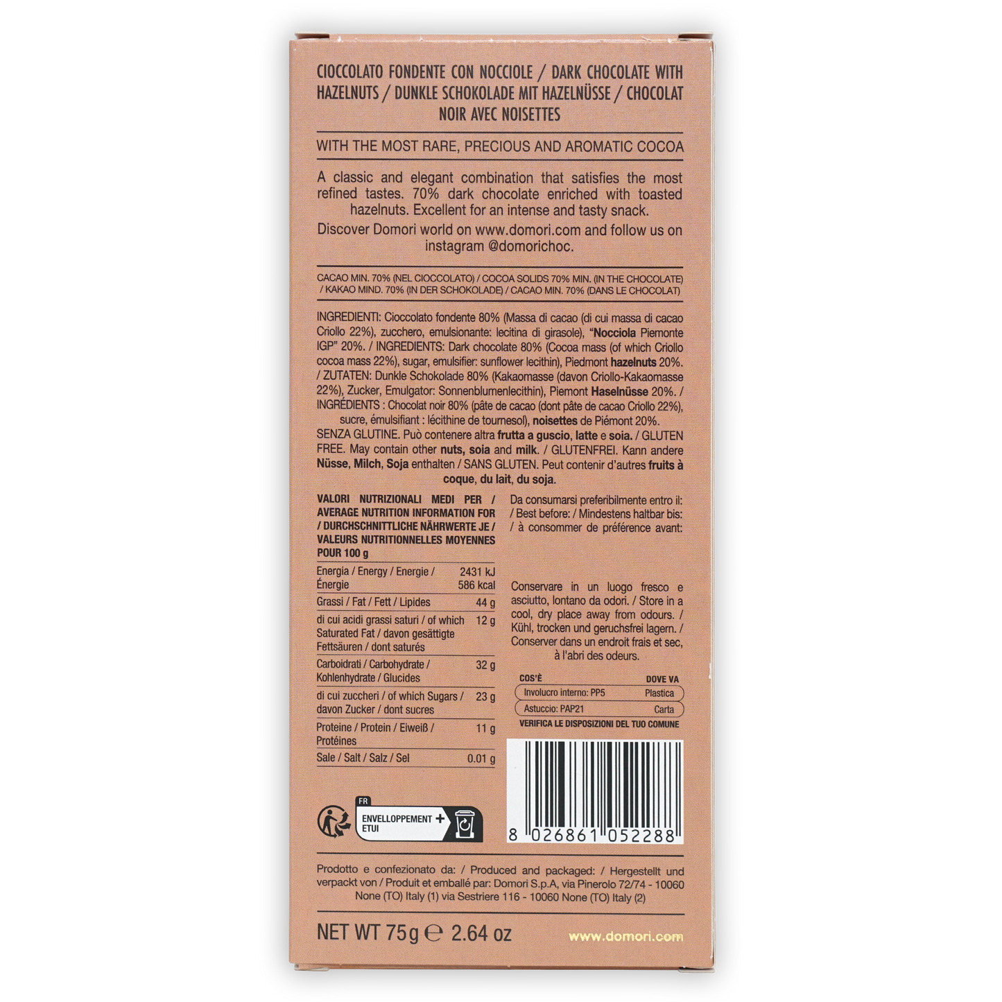 Back of Domori Dark Chocolate with Piedmont Hazelnuts 70% tan box