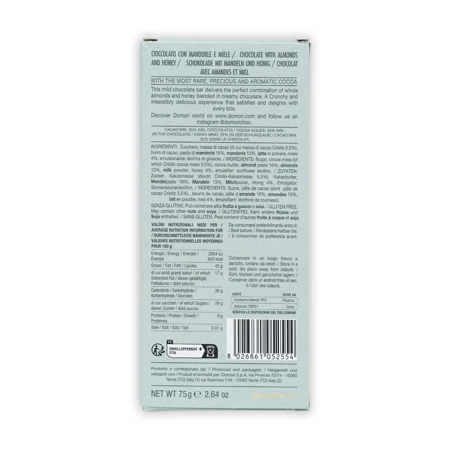 Domori dark milk chocolate with Sicilian almonds and honey wrapper