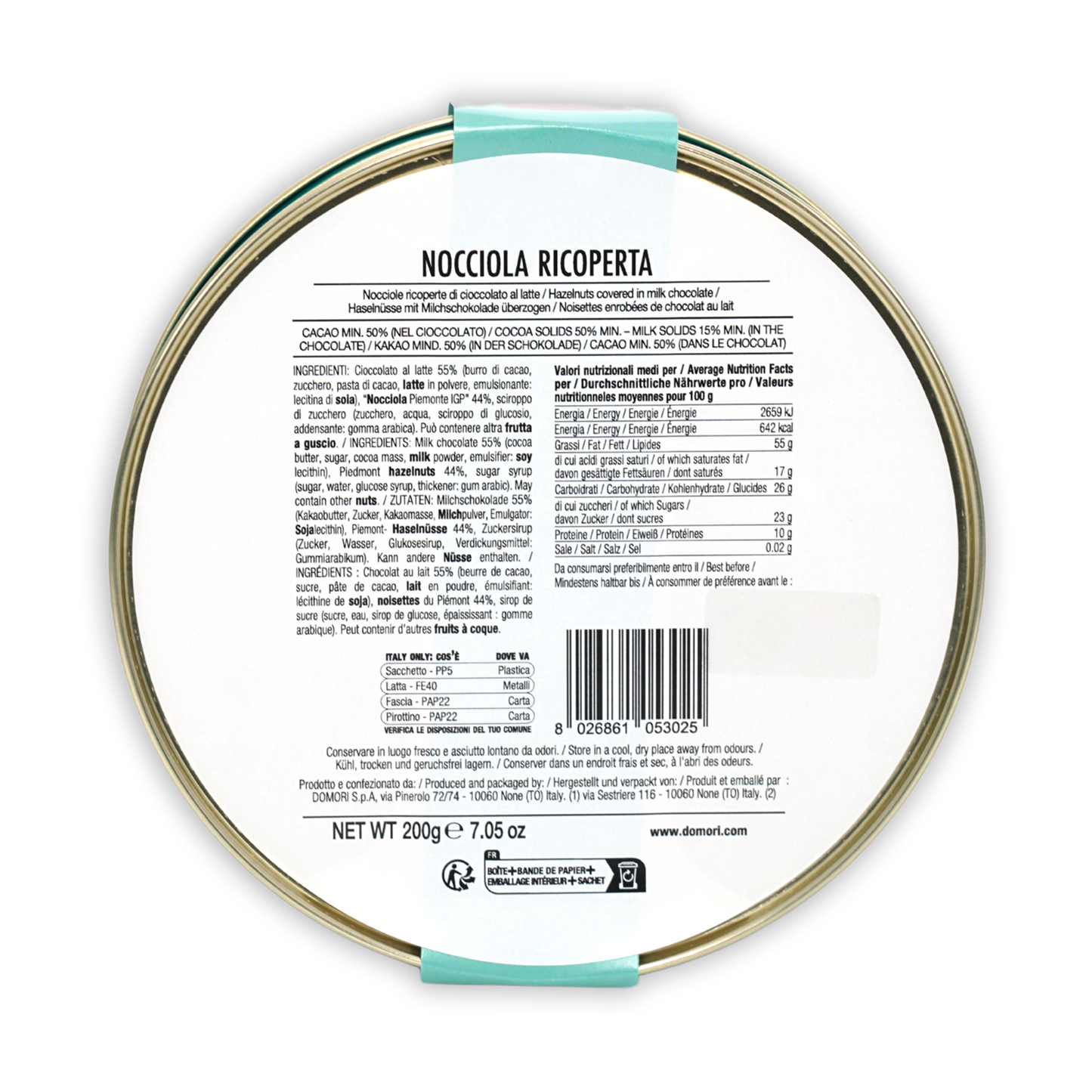 Domori Milk Chocolate Coated Hazelnuts Tin Gift Box 50% with nocciola ricoperta label