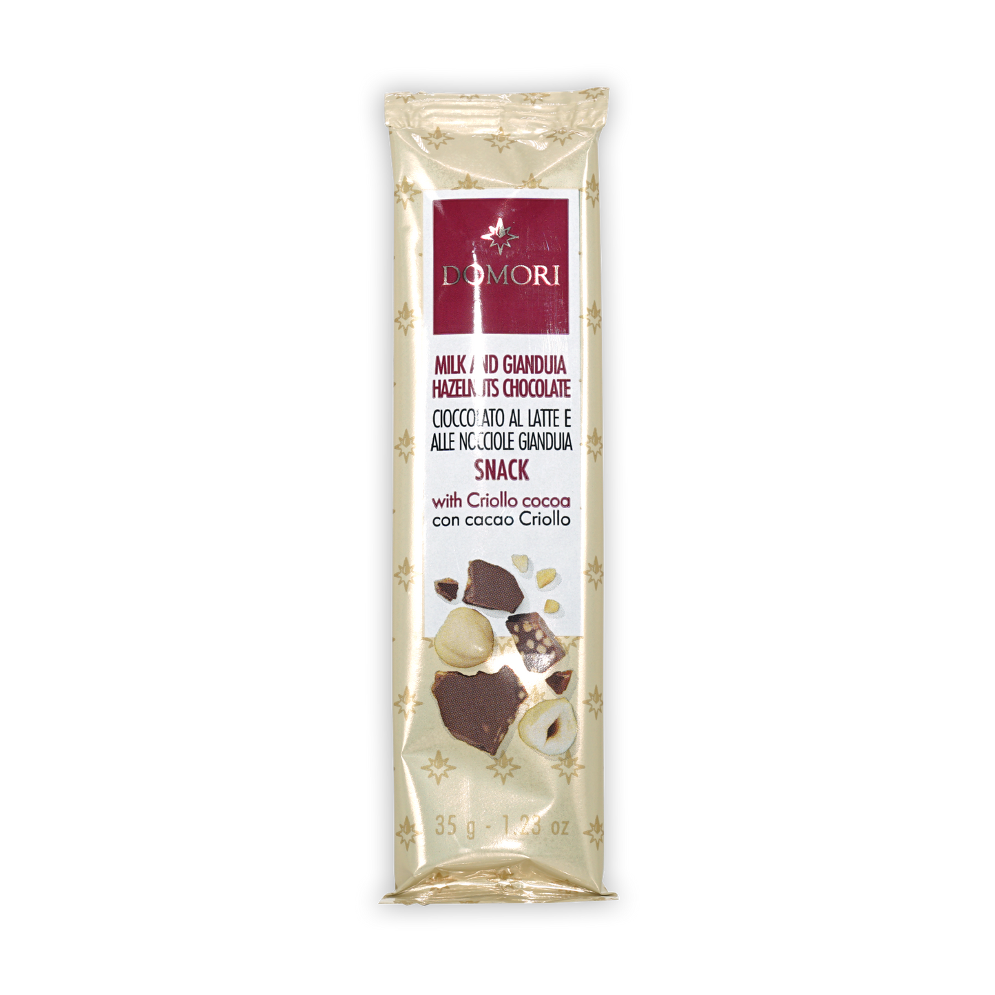 Domori Gianduja w/ Hazelnuts mini bar, 35g milk hazelnut chocolate in cream wrapper