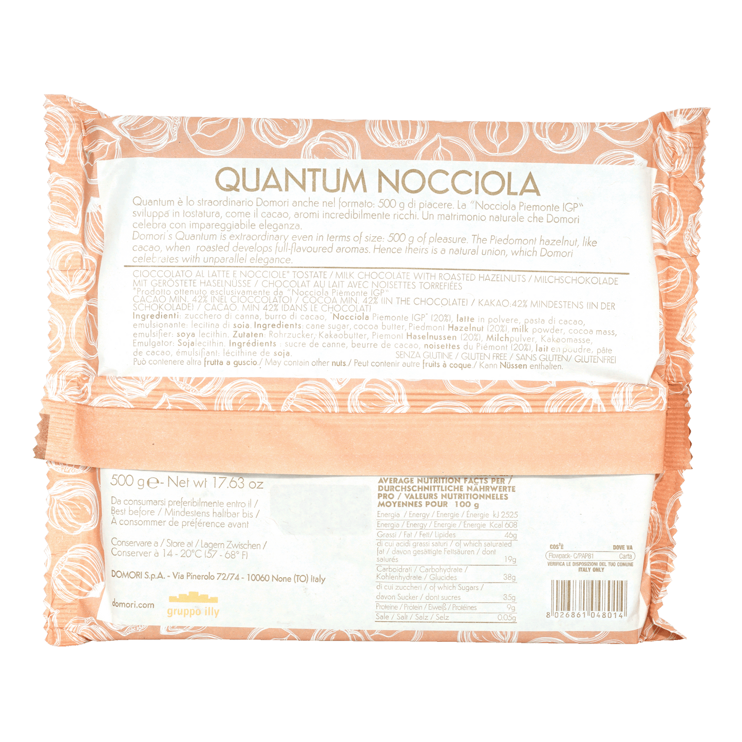Domori Quantum Milk Chocolate w/ Hazelnuts 42% 500g orangy-pink nocciola bars