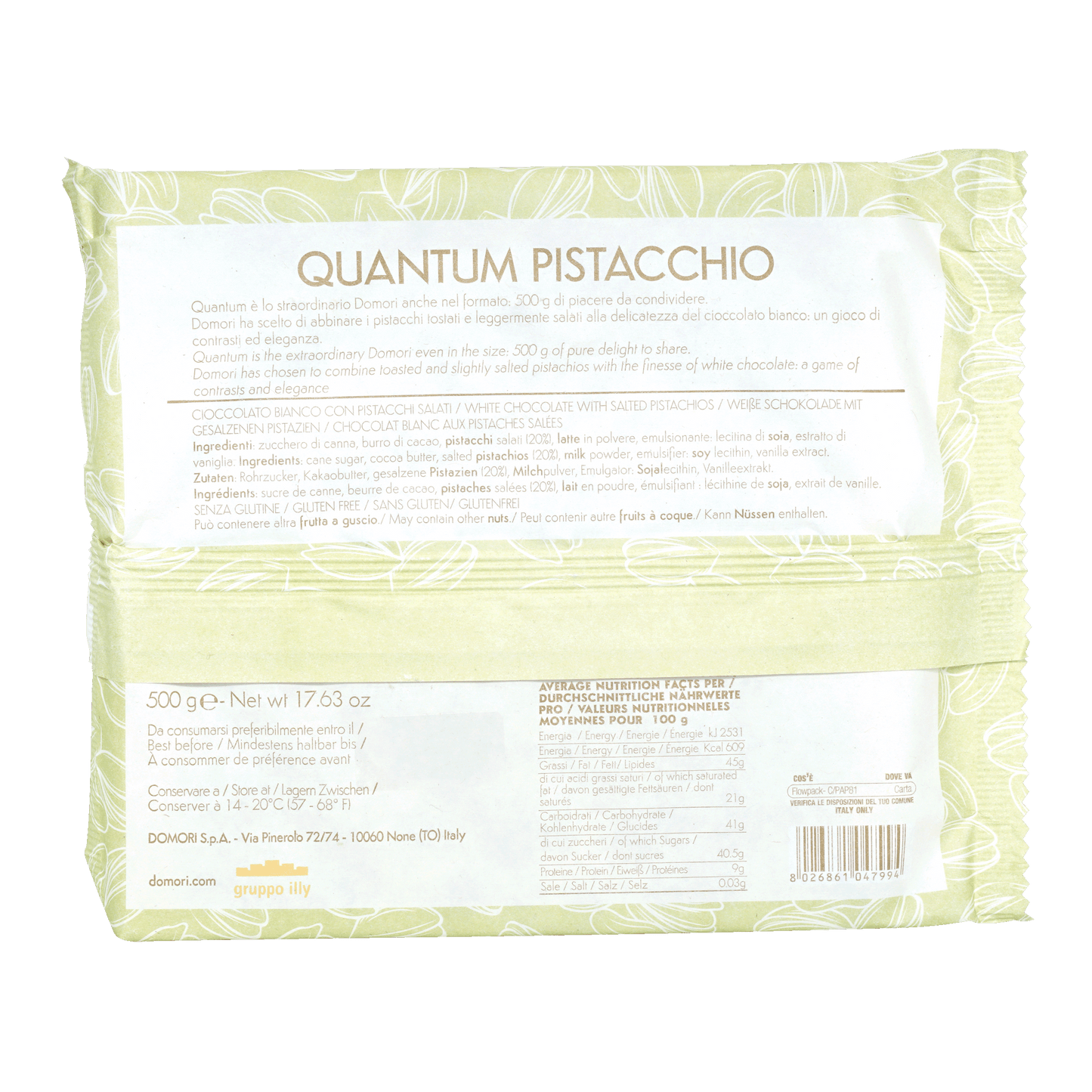 Domori Quantum white chocolate slab with whole salted pistachios, 500g bar