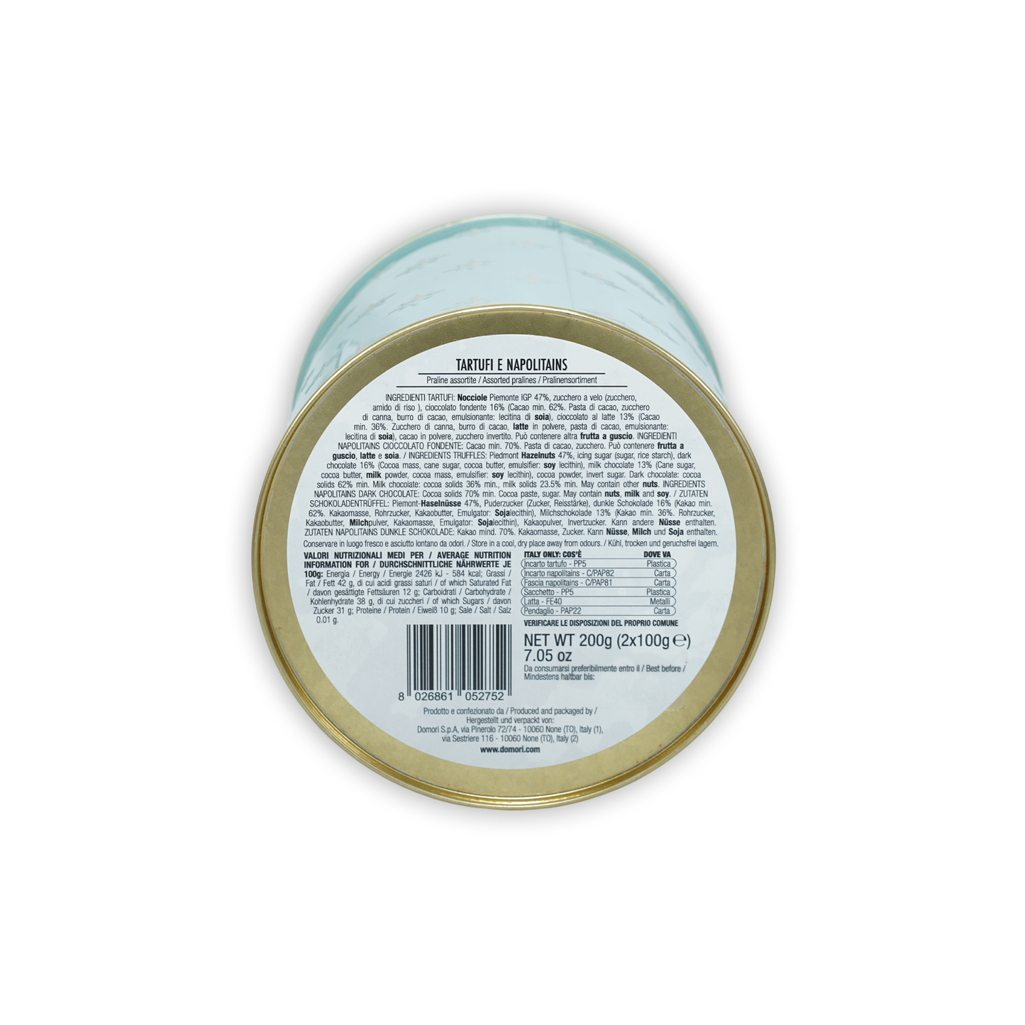 Domori Classic Truffles & Napolitains Tin Gift Box with 200g round white tin and gold lid