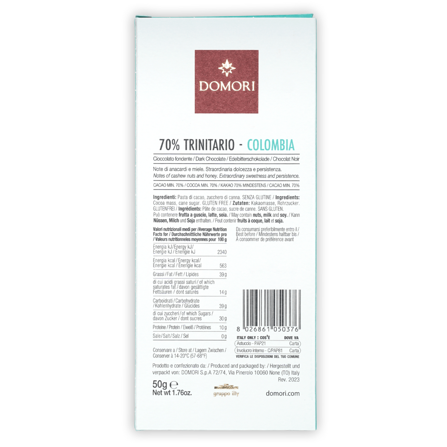 Domori Trinitario Colombia 70% white rectangular chocolate bar wrapper