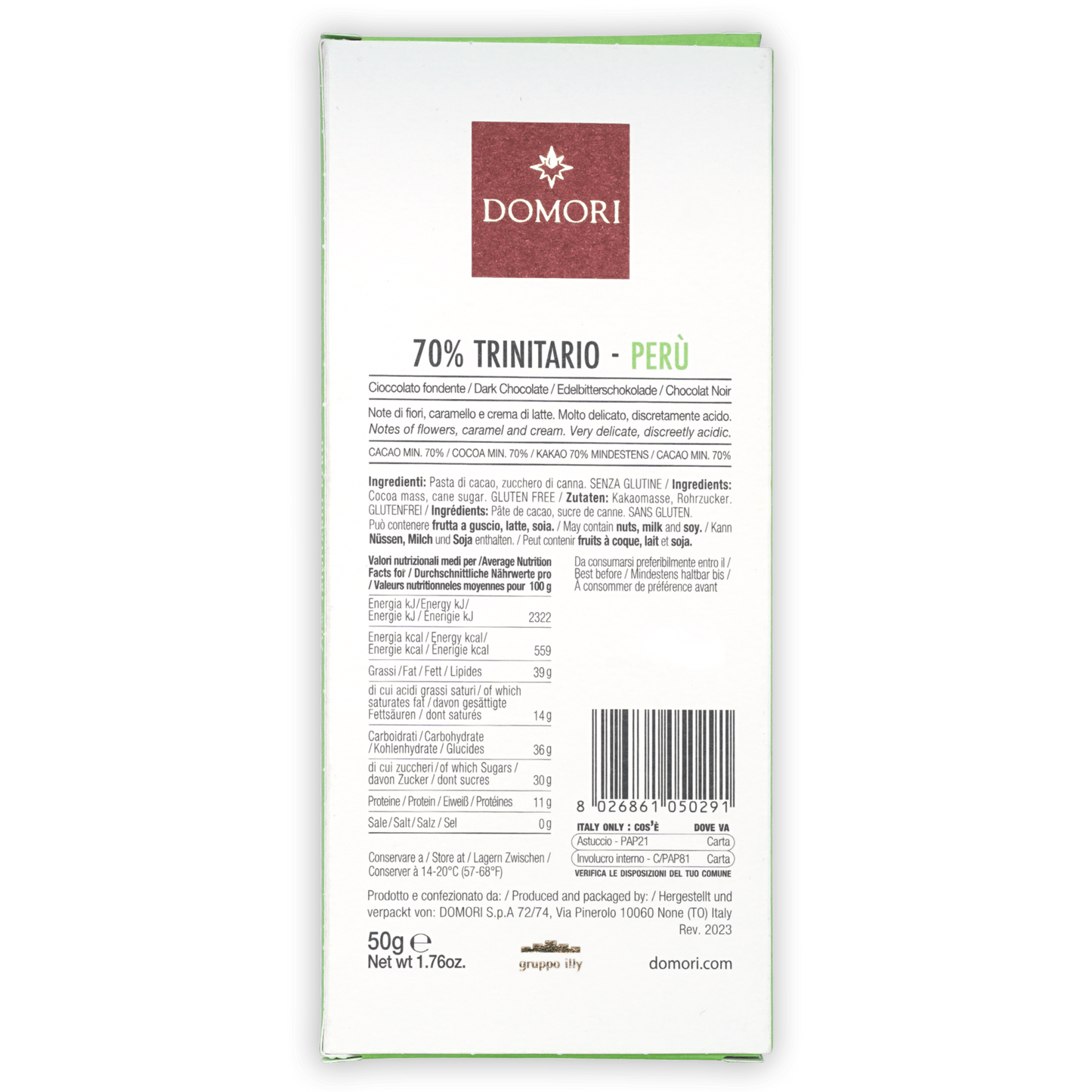 Domori Trinitario Peru 70% chocolate bar wrapper with maroon logo