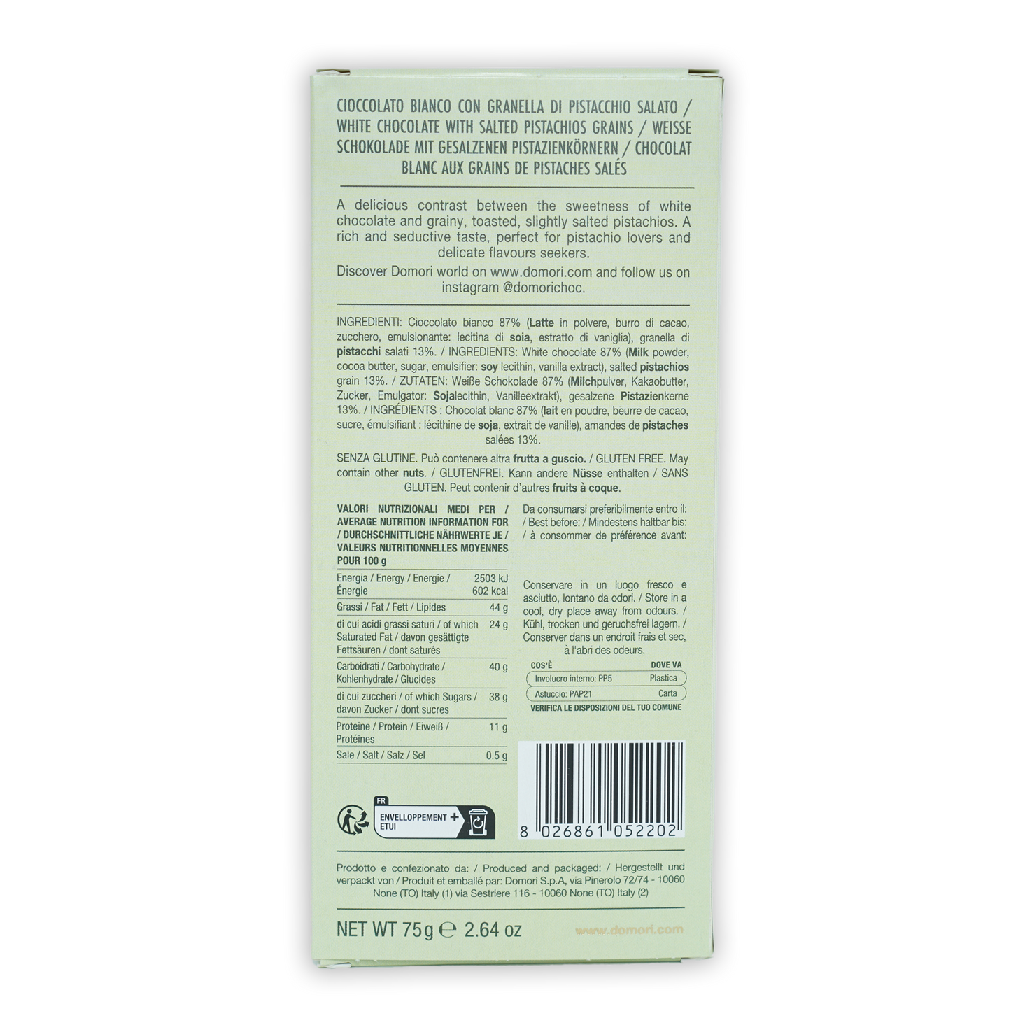 Back of Domori White Chocolate with Sicilian Pistachios box