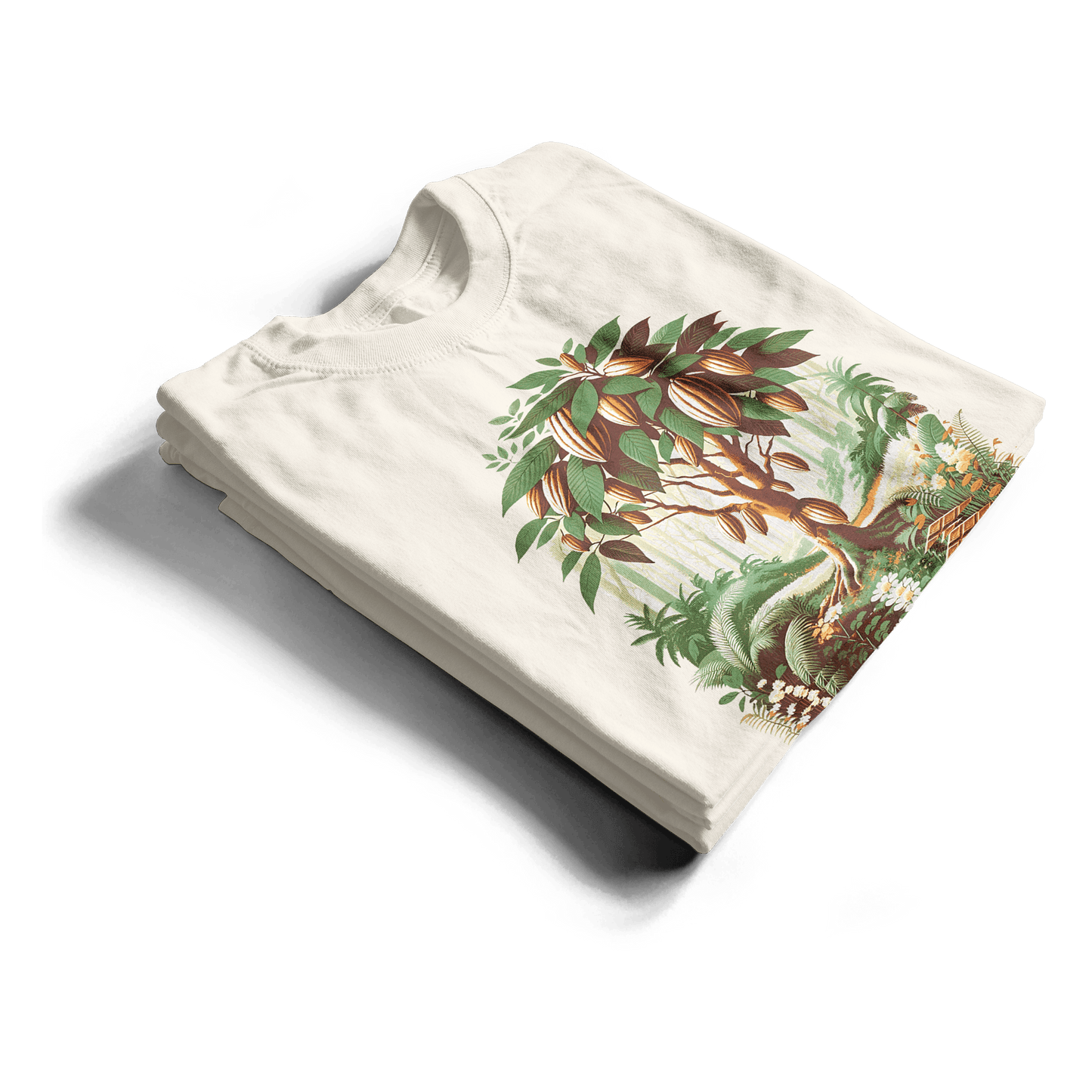 Vintage Cocoa Tree Tee: white cotton t-shirt with botanical cocoa tree print