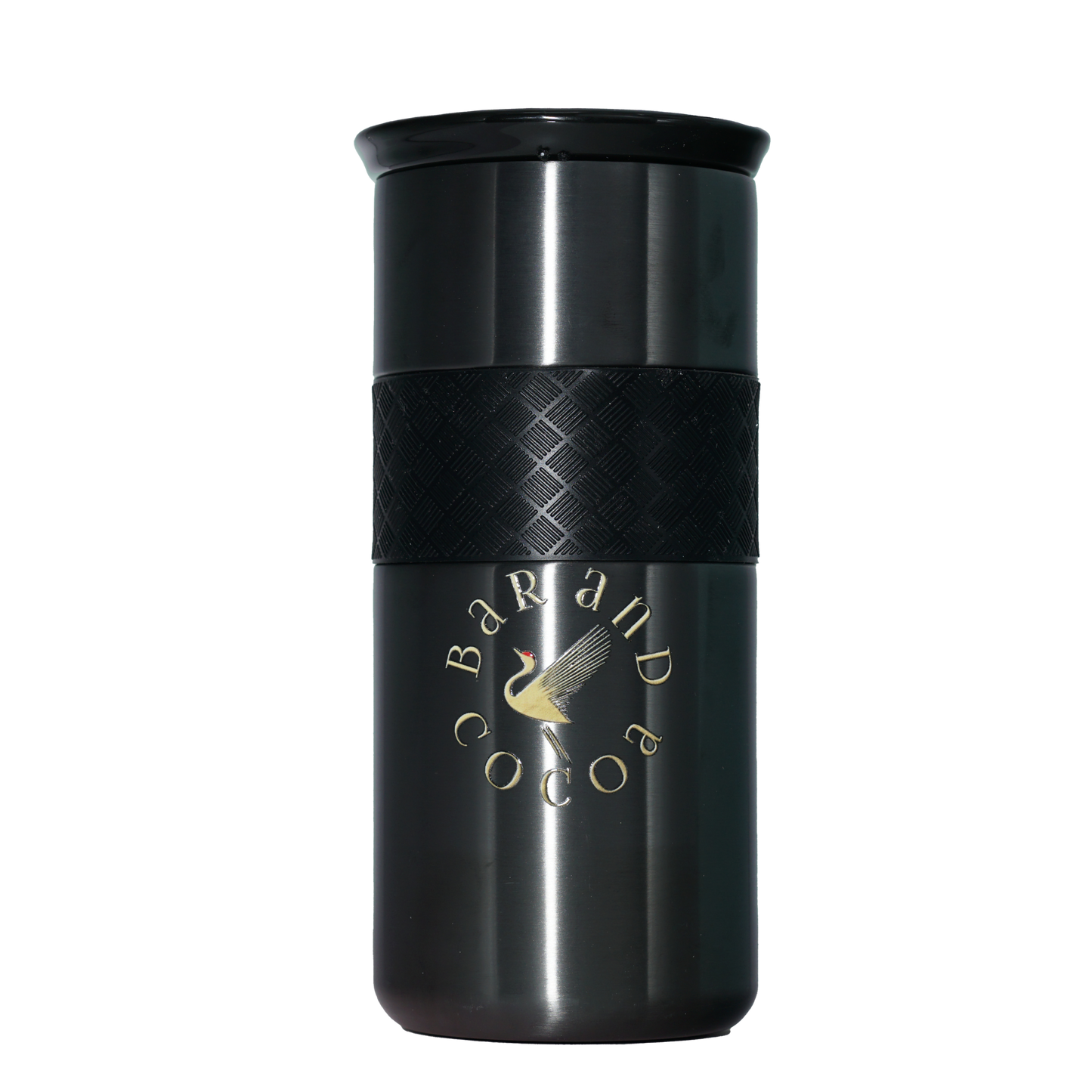 Bar & Cocoa 16 oz black insulated travel mug with gold crane logo