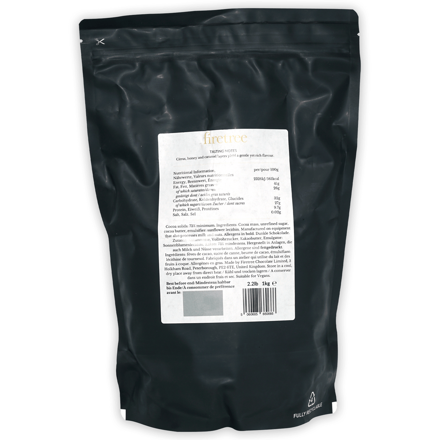 Back of Firetree Bulk Create Philippines 73% 1kg matte black resealable dark chocolate pouch