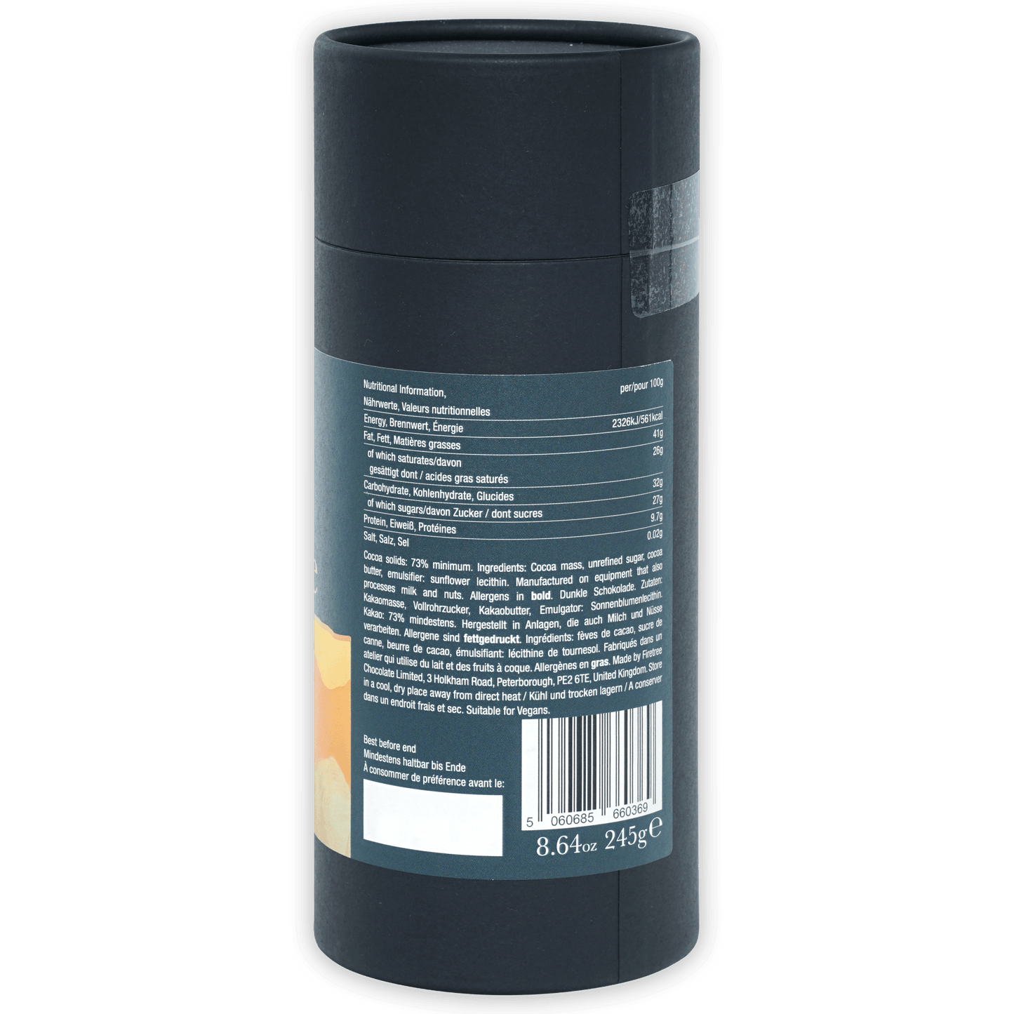 Back of Firetree Drinking Chocolate Philippines 73% dark gray matte deodorant stick with multilingual label
