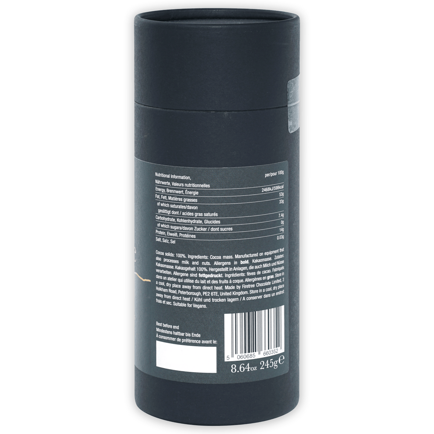 Firetree Solomon Islands 100% drinking chocolate in dark gray matte cylindrical container with nutritional label