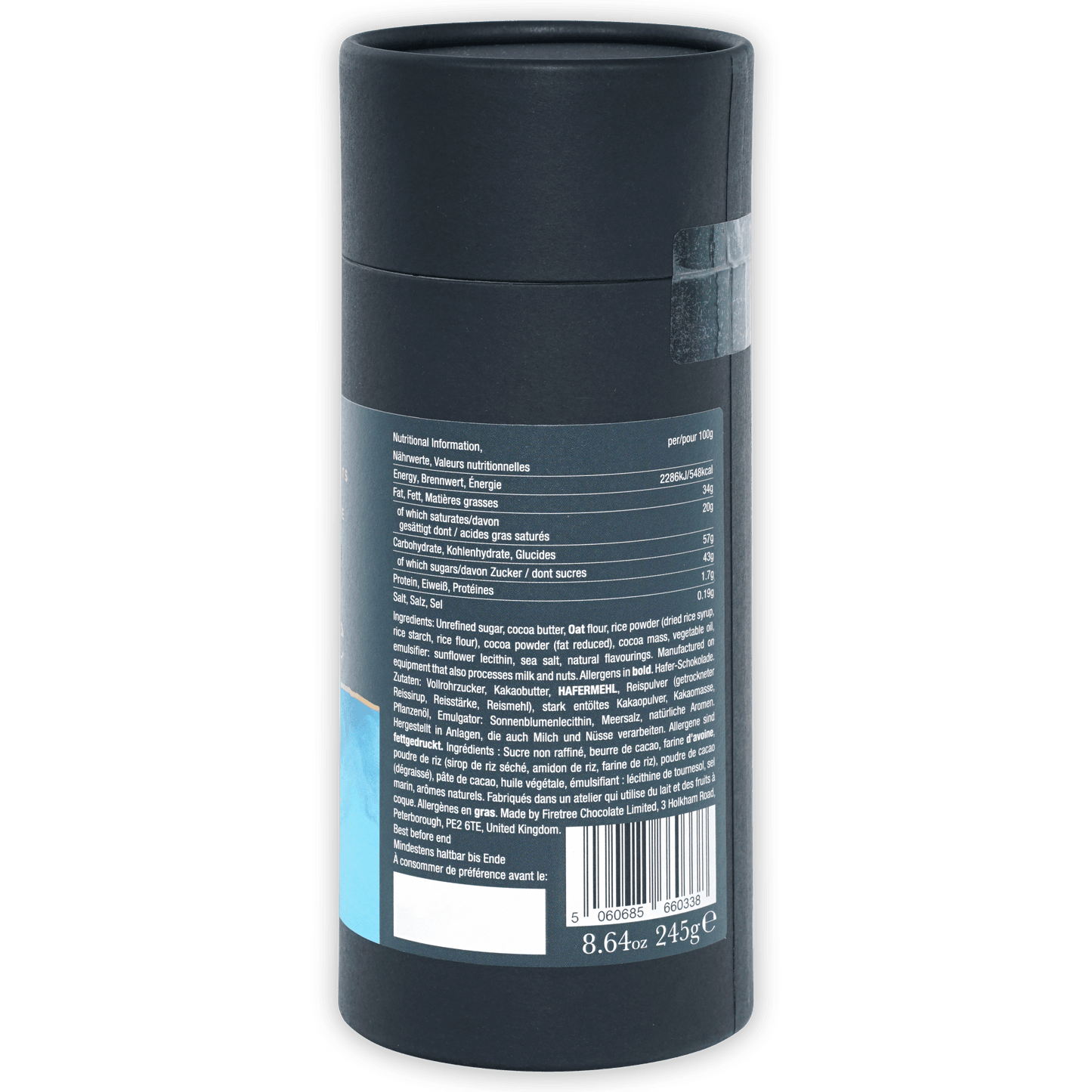 Back of Firetree vegan oat milk 55% drinking chocolate matte gray can