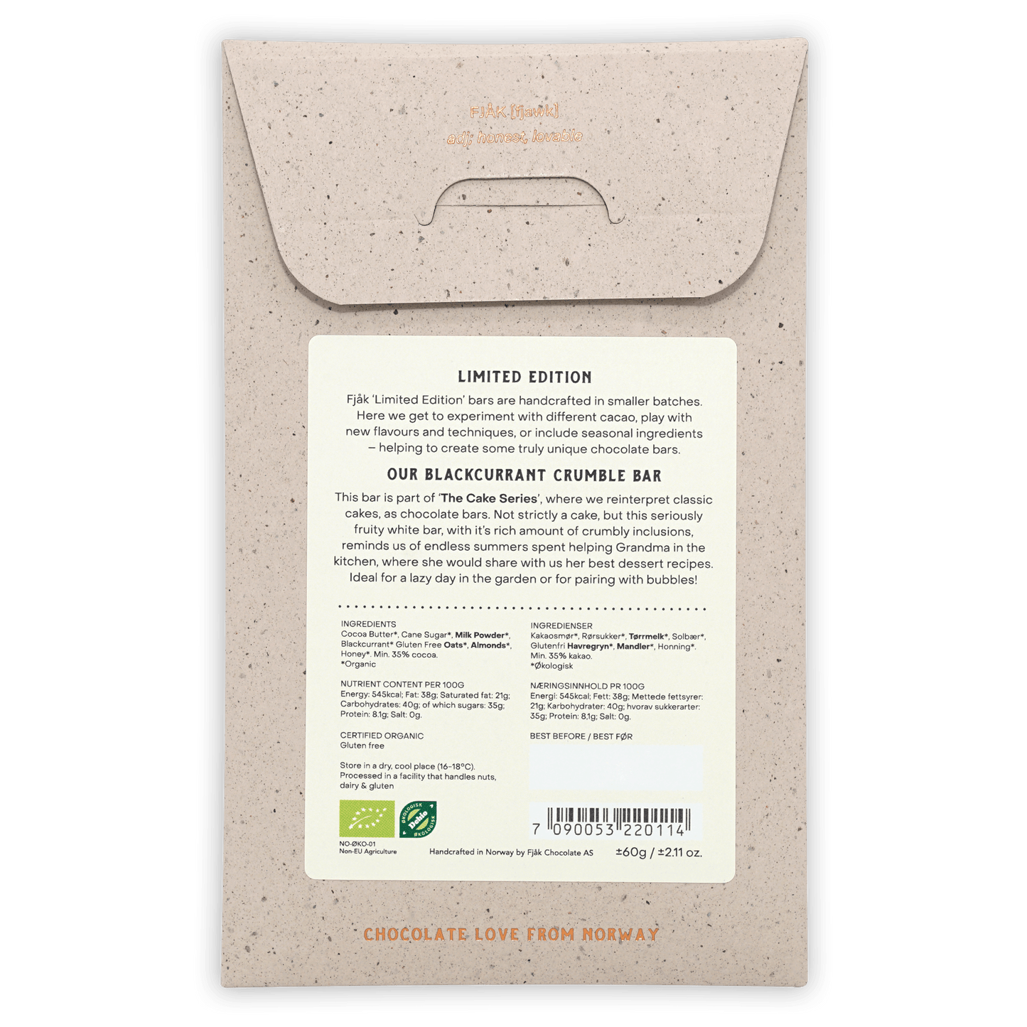 Fjåk Blackcurrant Crumble white chocolate bar in beige speckled paper packaging