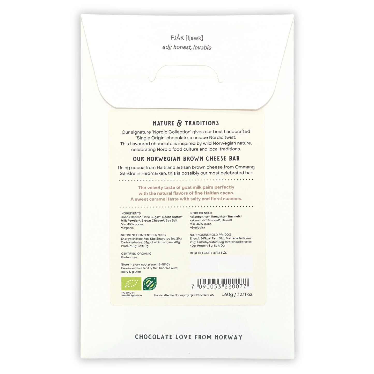 Fjåk Brown Cheese Milk Chocolate 45% bar in minimalist white wrapper