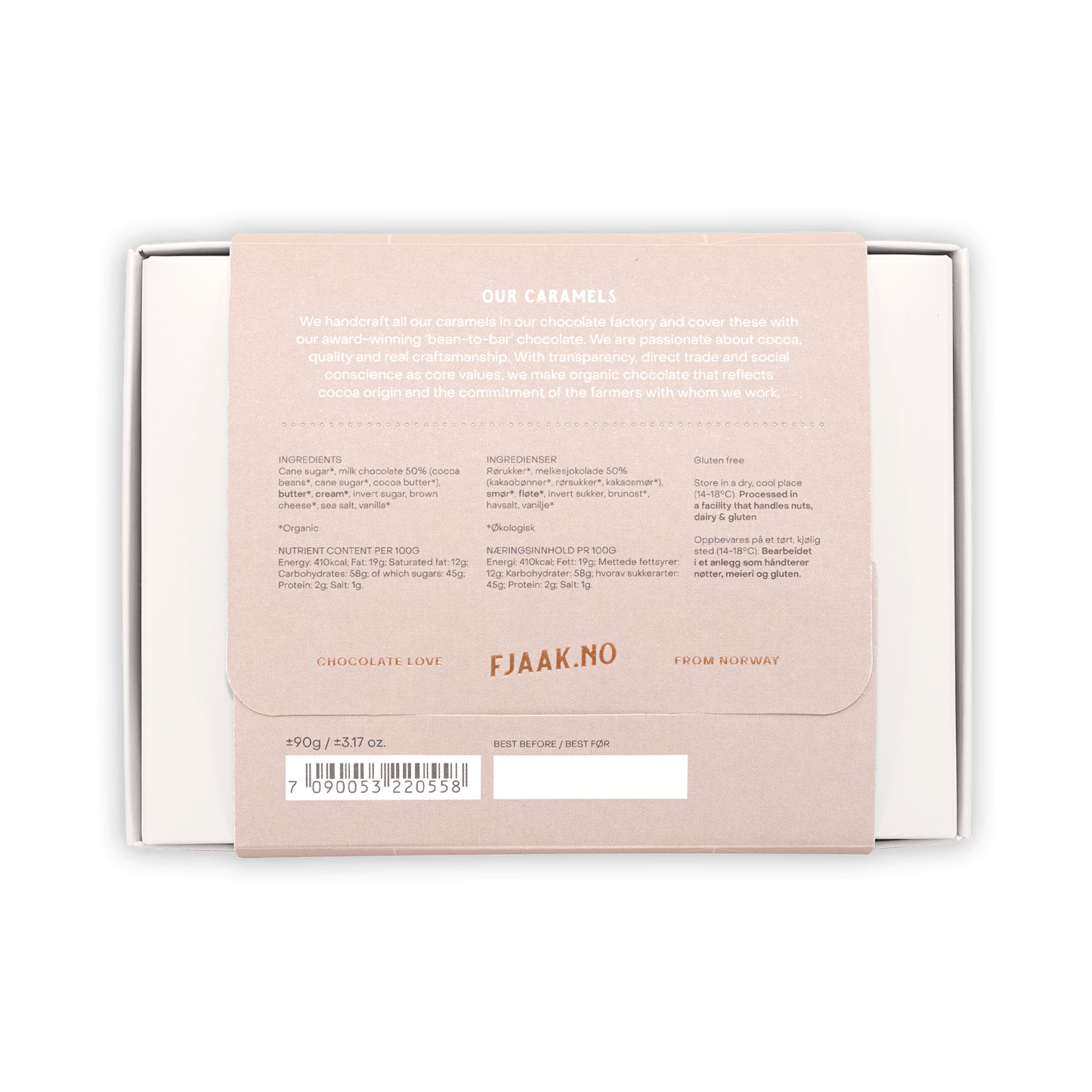 Back of Fjåk Chocolate Coated Brown Cheese Caramels blush pink box with nutrition facts