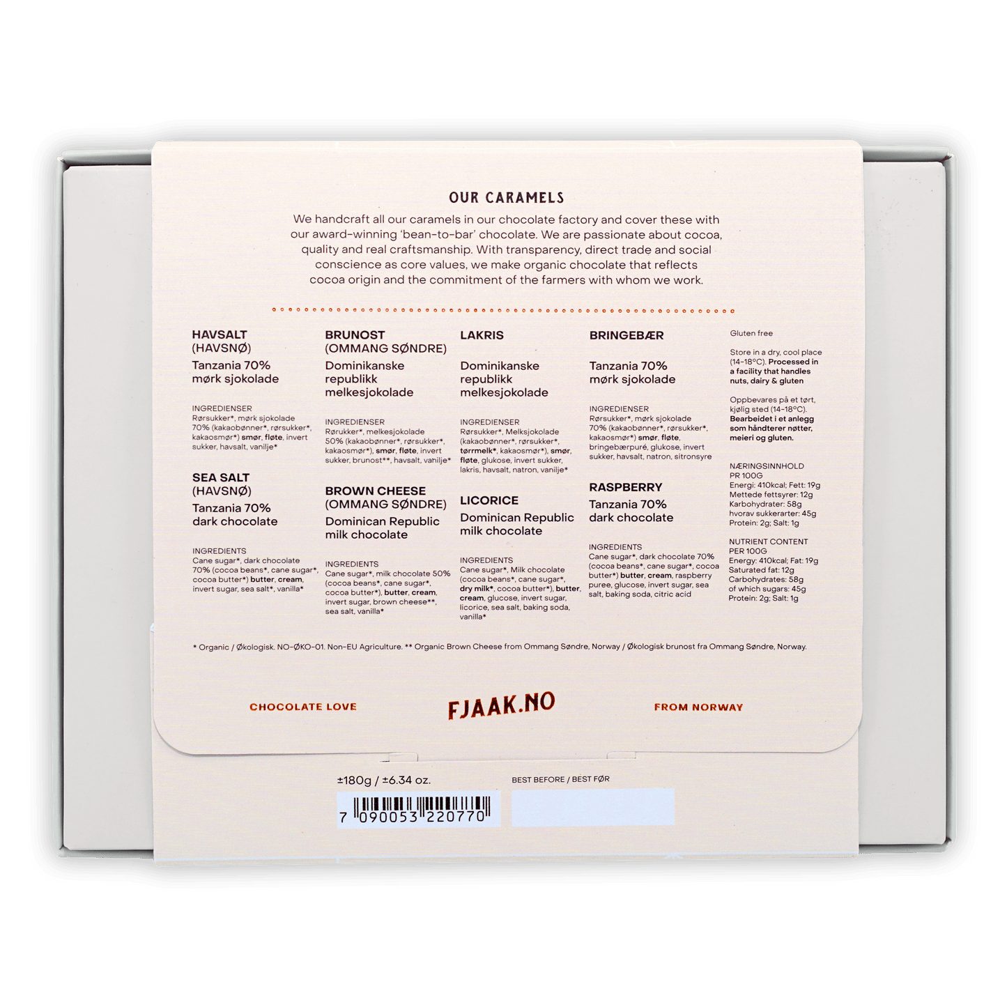 White Fjåk.no caramels box with havsalt, brown cheese flavors, 12 pcs