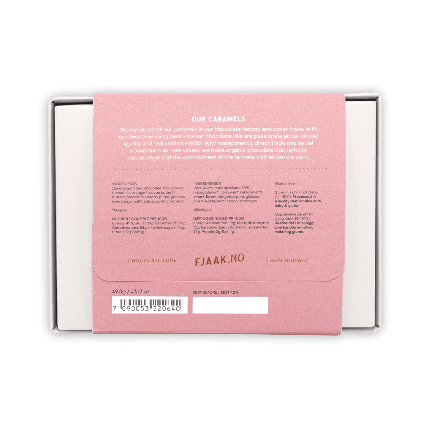 Back of Fjåk chocolate coated raspberry caramels box, pink with gold foil text