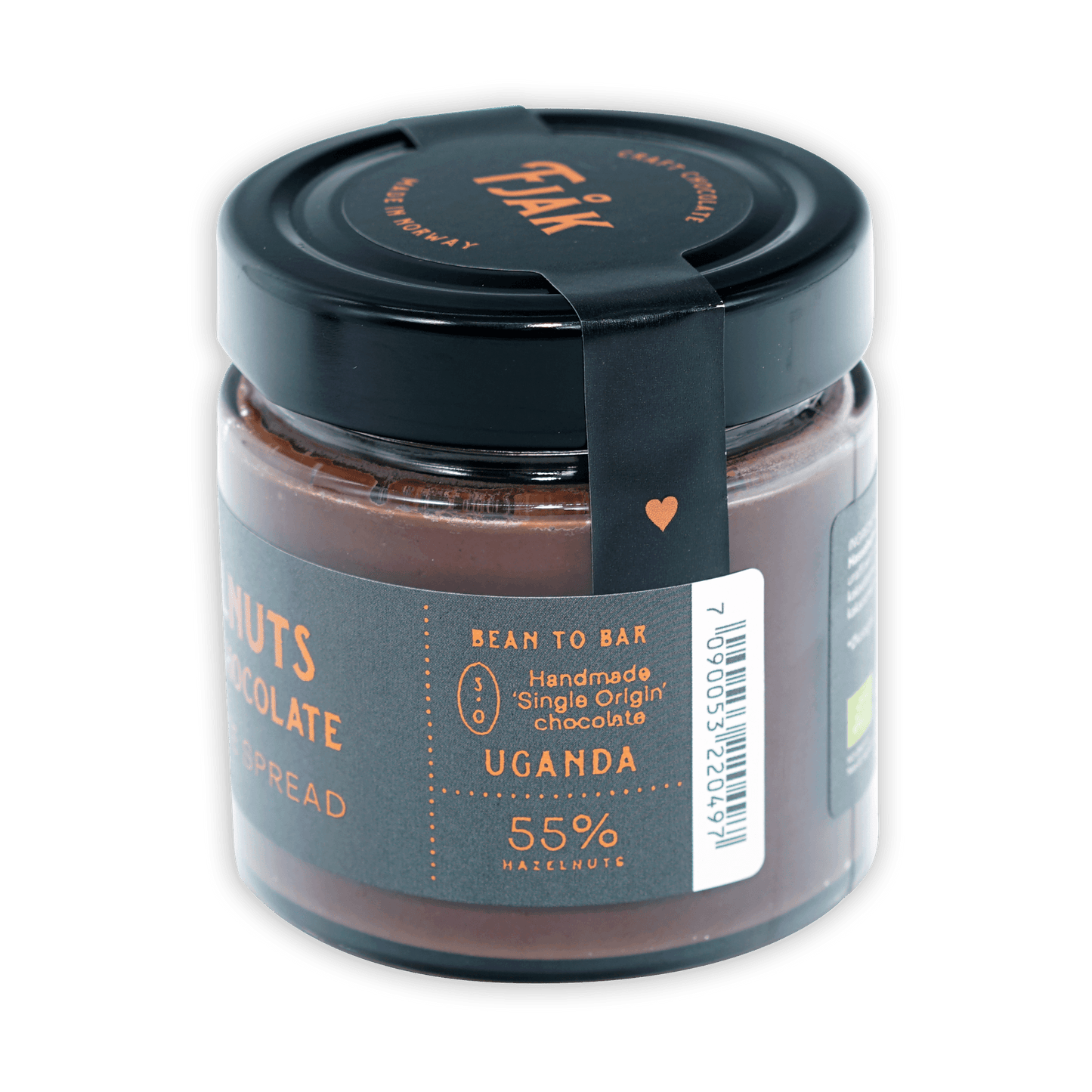Fjåk 55% hazelnut dark chocolate spread in black jar