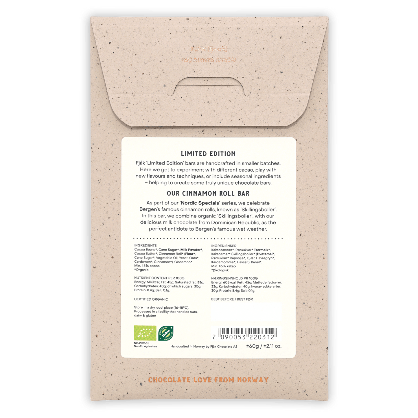 Fjåk Cinnamon Roll Milk Chocolate 45% bar, beige textured wrapper