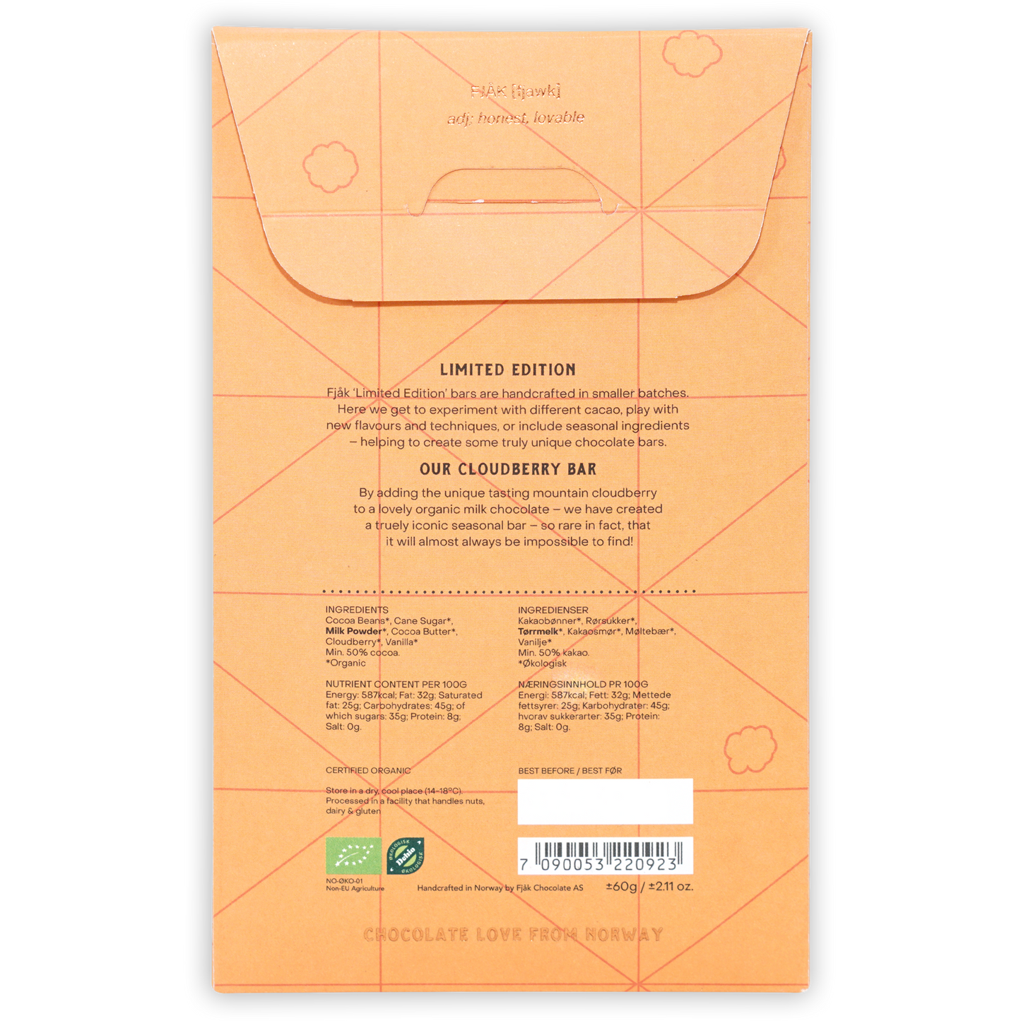 Fjak Cloudberry Milk 50% limited edition organic bar, minimalist orange wrapper