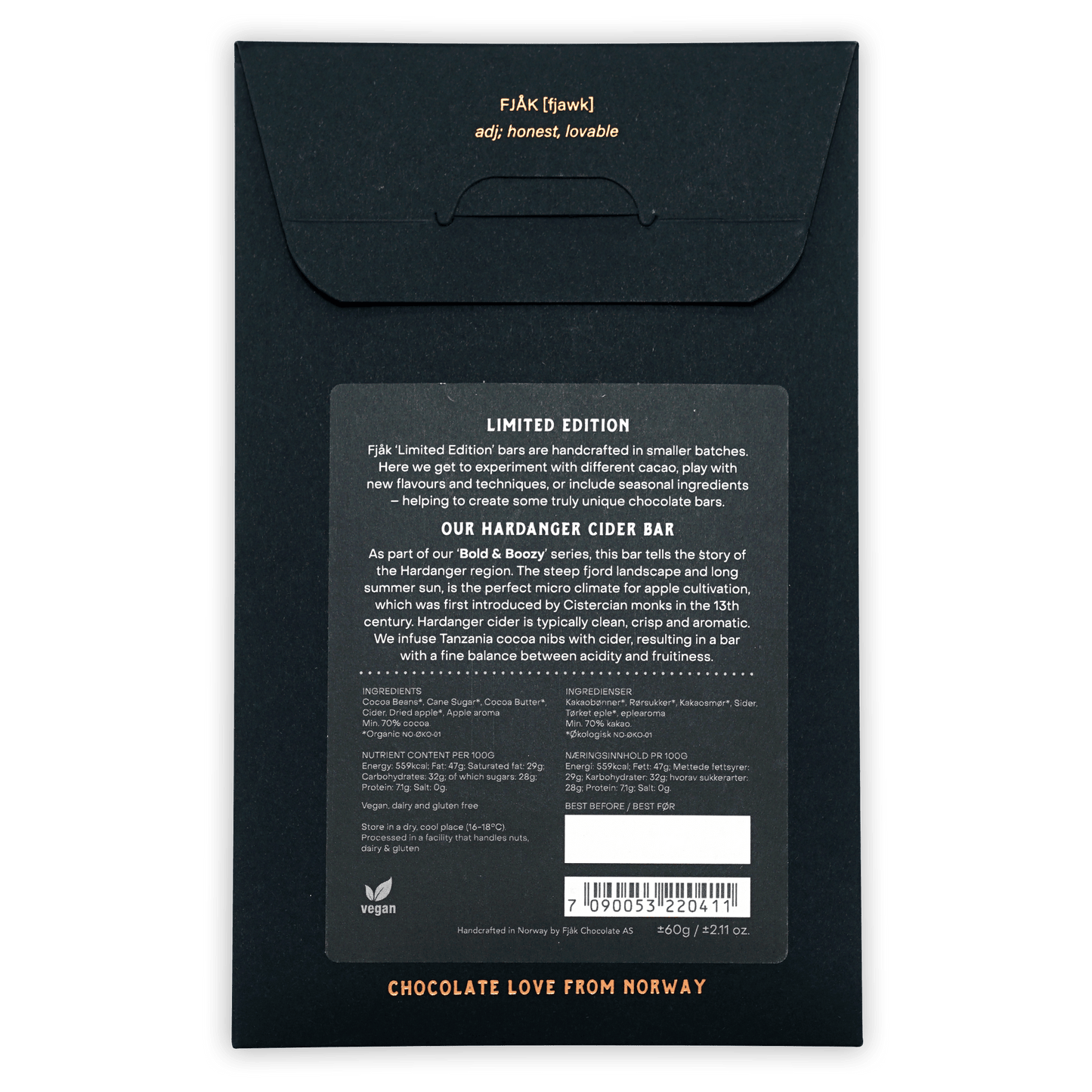 Fjåk Dark Chocolate & Cider 70% limited edition black matte packaging