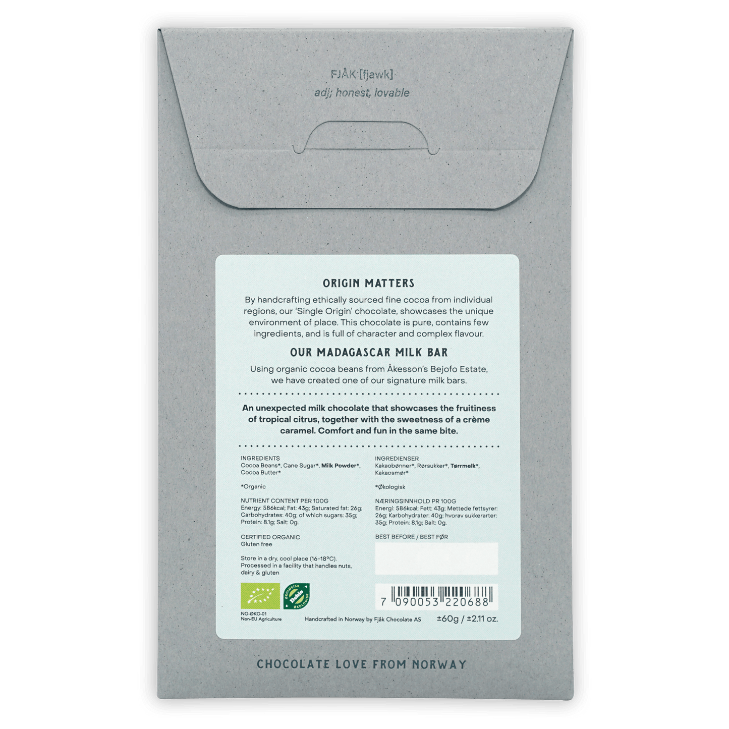 Fjåk Madagascar Milk 50% gray paper-wrapped organic single-origin bar