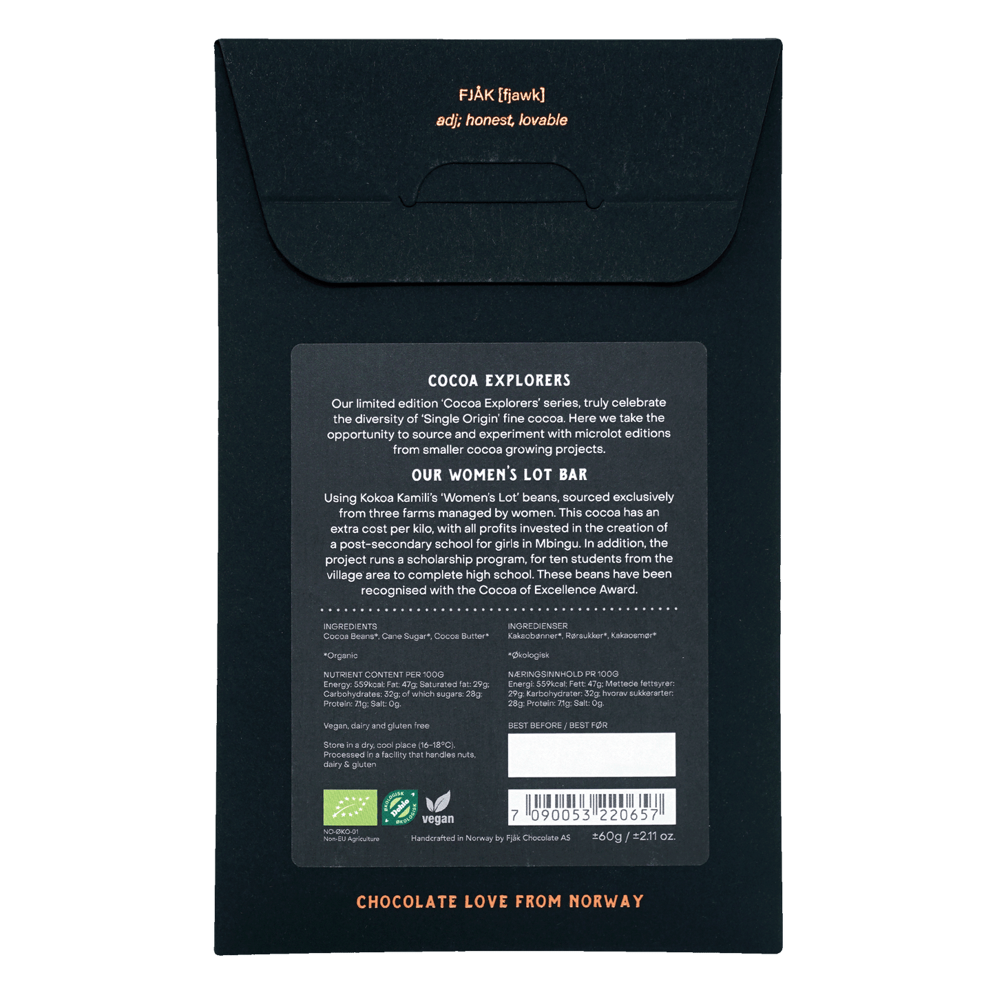 Fjåk Dark Tanzania 70% black matte chocolate bar packaging