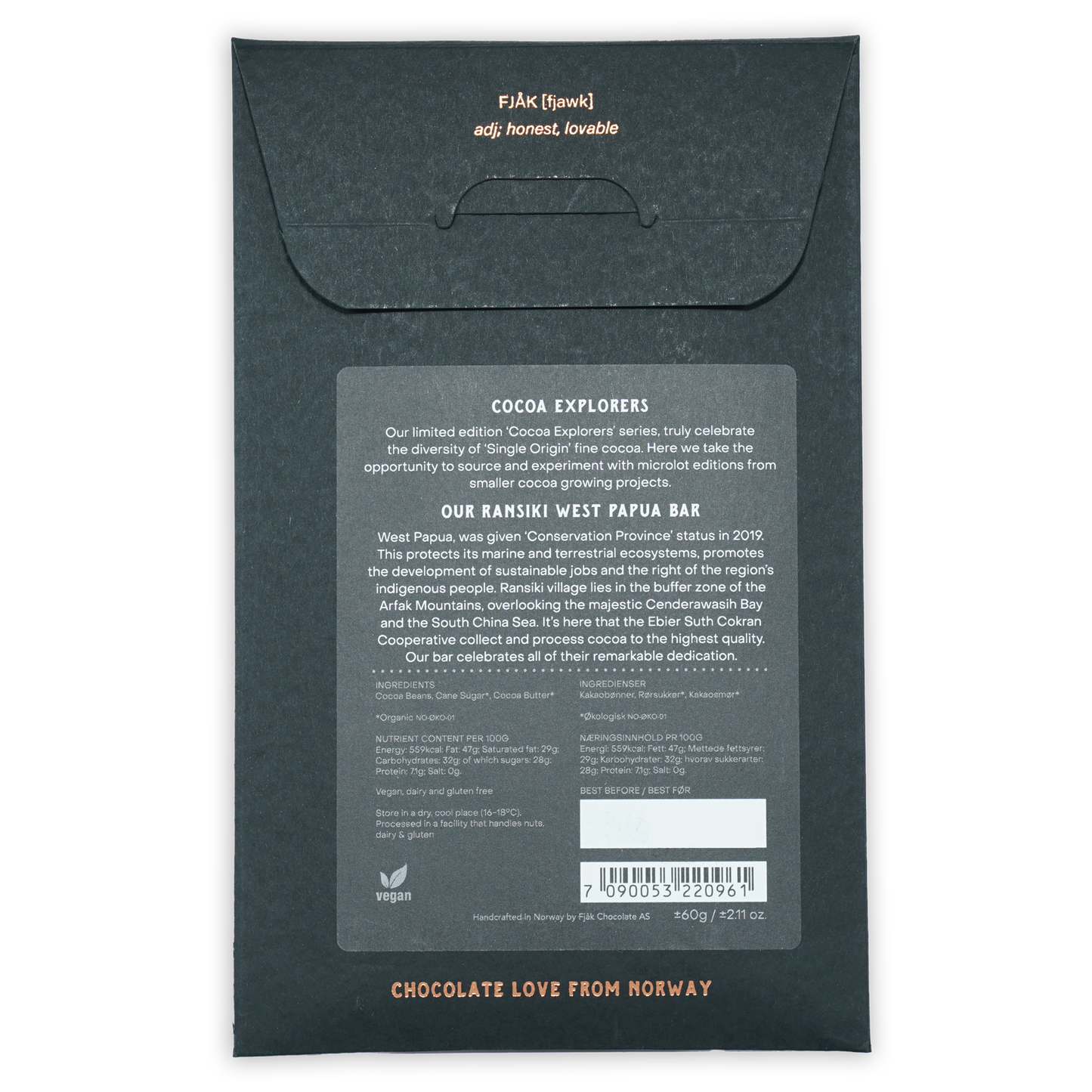 Fjåk Dark West Papua 70% chocolate bar dark green matte packaging with gold foil