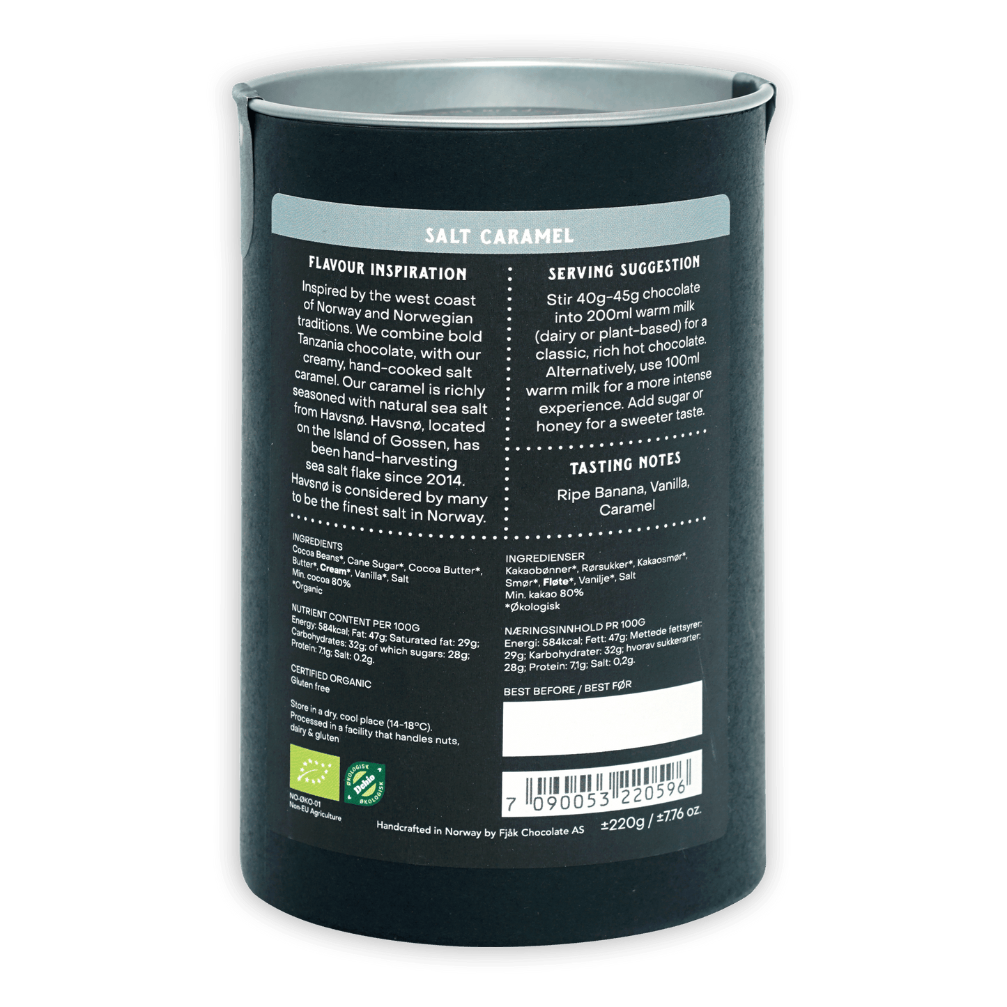 Fjåk Drinking Chocolate Dark Salt Caramel 80% dark gray tin