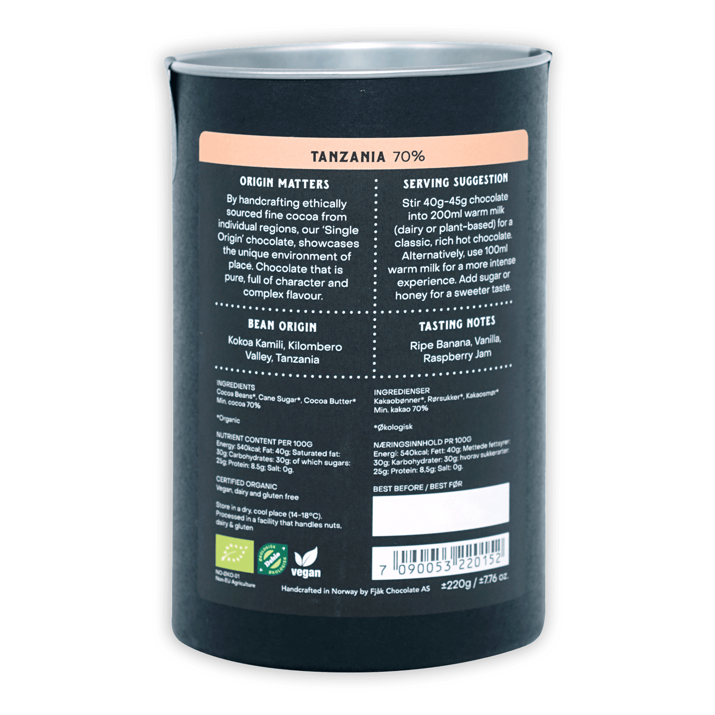 Fjåk Drinking Chocolate Dark Tanzania 70% dark gray cylindrical container