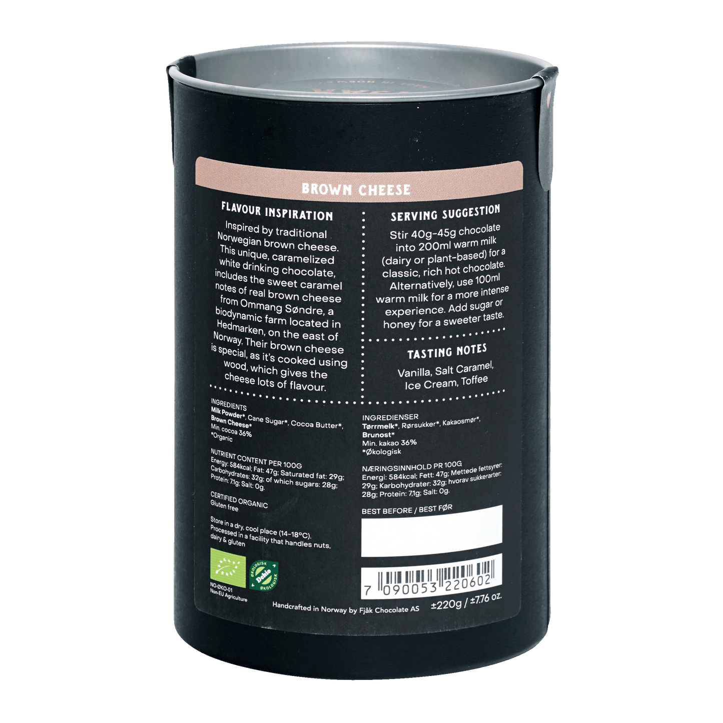 Fjåk Drinking Chocolate White w/ Brown Cheese matte black can